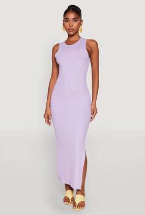 Refined Simplicity Ruffle-Detail Crew Neck Rib Knit Side Slit Maxi Dress
