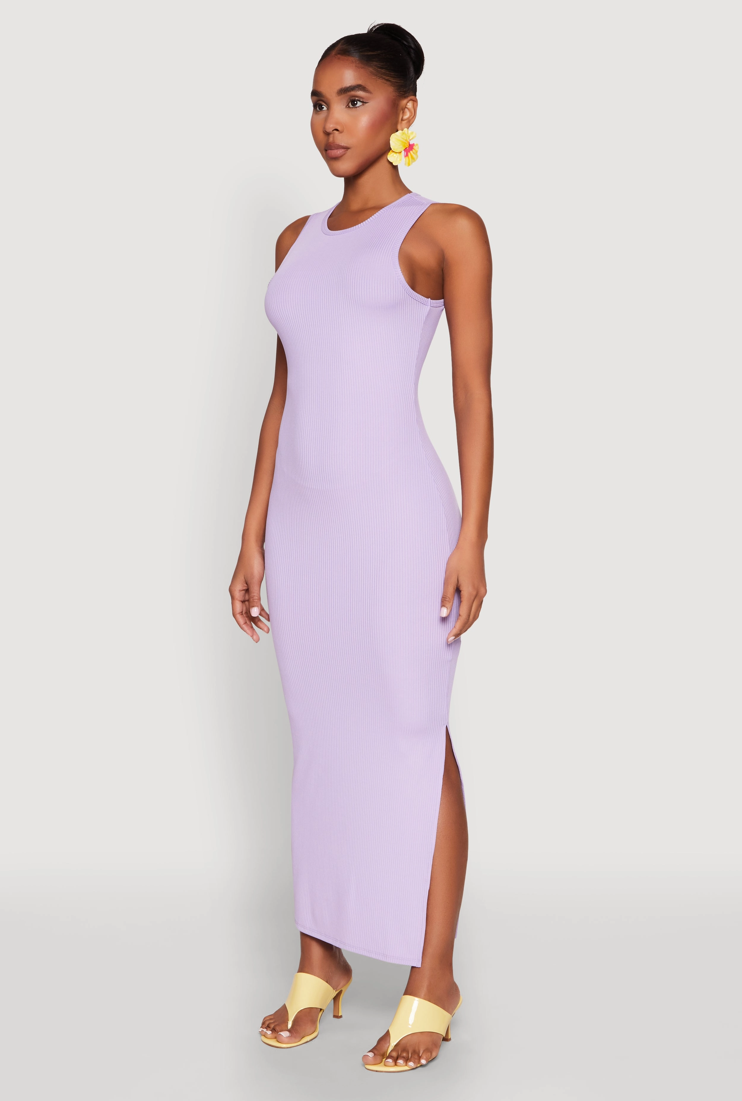 Perfect Layering Crew Neck Rib Knit Side Slit Maxi Dress