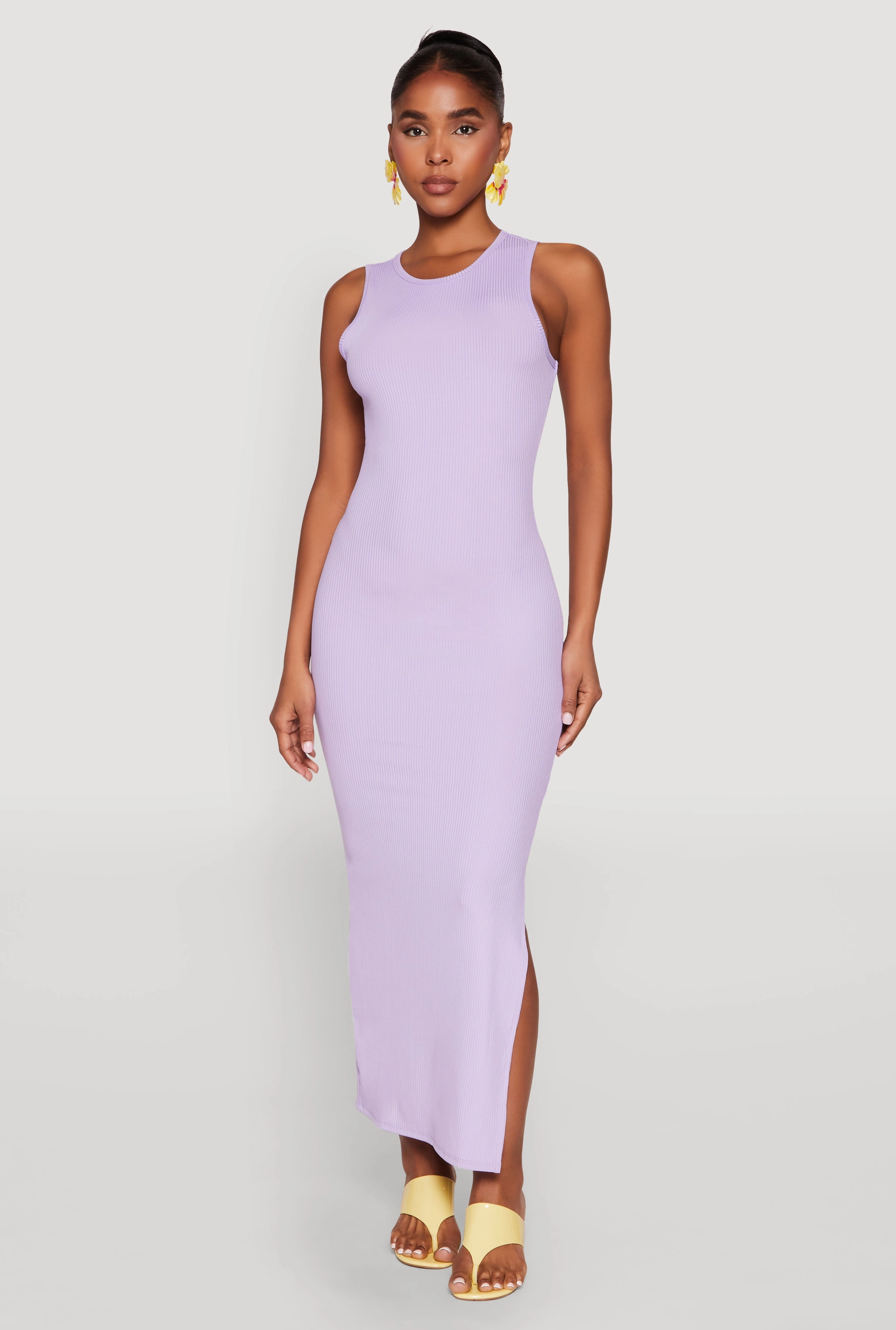 Refined Simplicity Ruffle-Detail Crew Neck Rib Knit Side Slit Maxi Dress