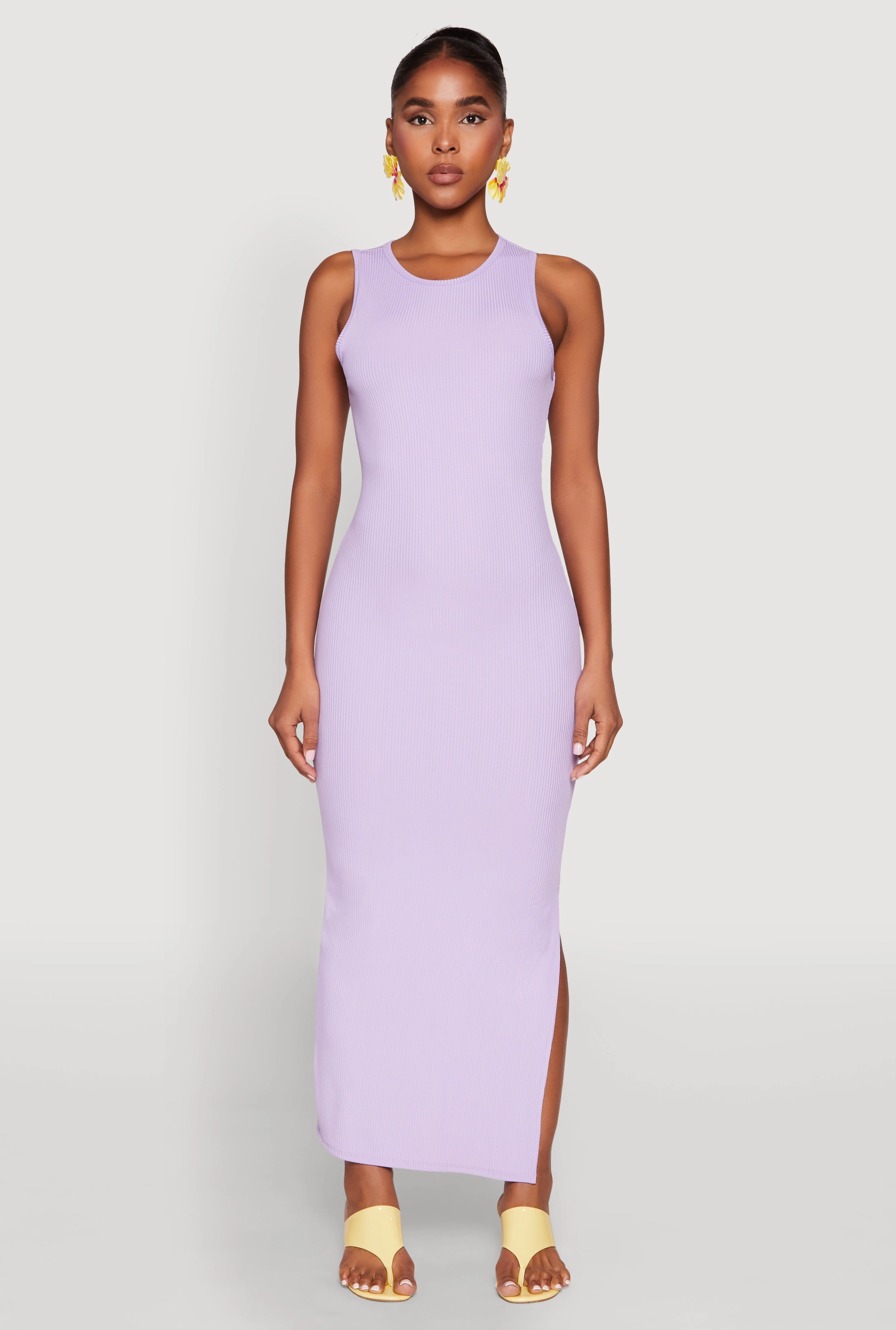 Crew Neck Rib Knit Side Slit Maxi Dress Subtle Motion