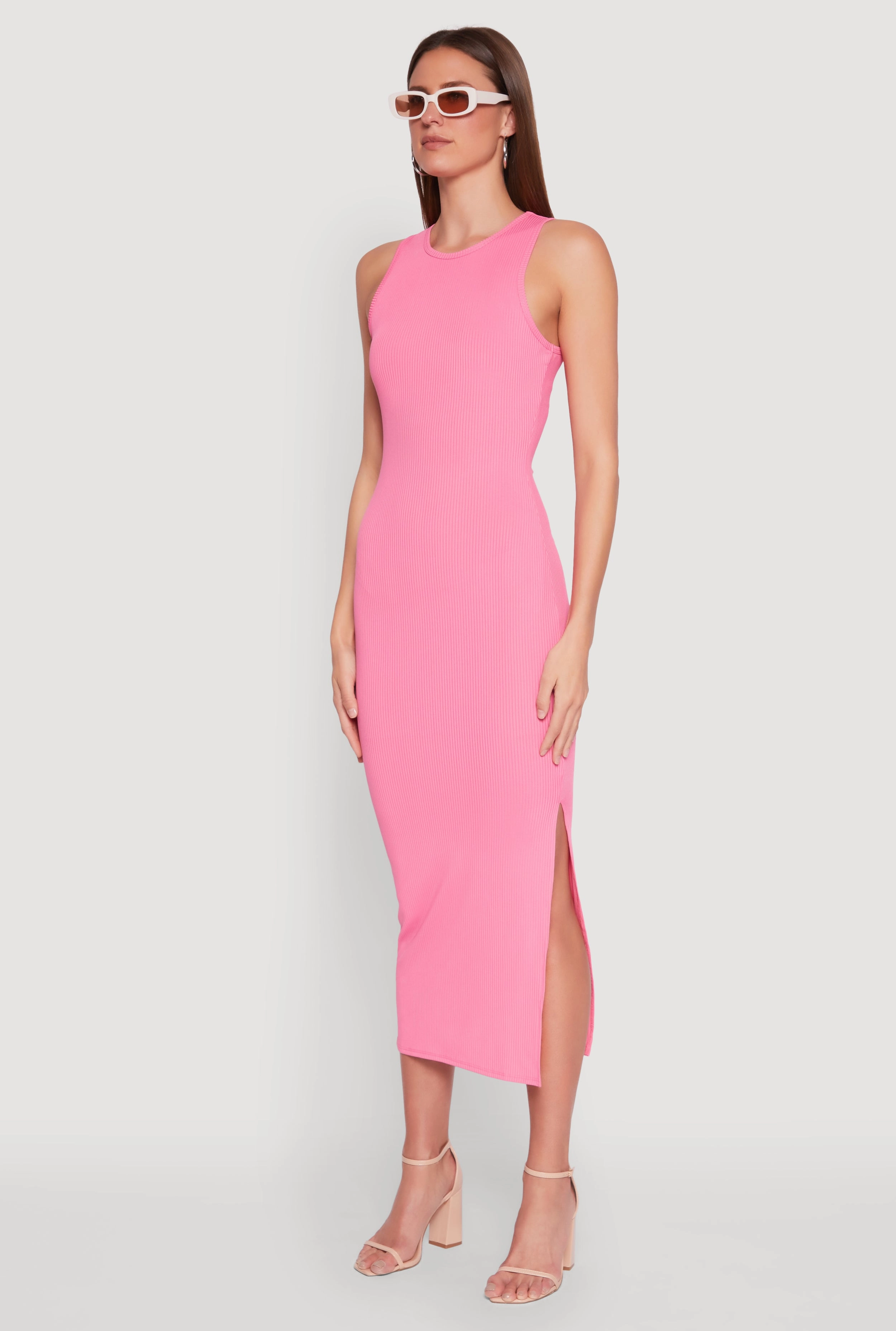 Crew Neck Rib Knit Side Slit Maxi Dress Plus Fit Formal Style