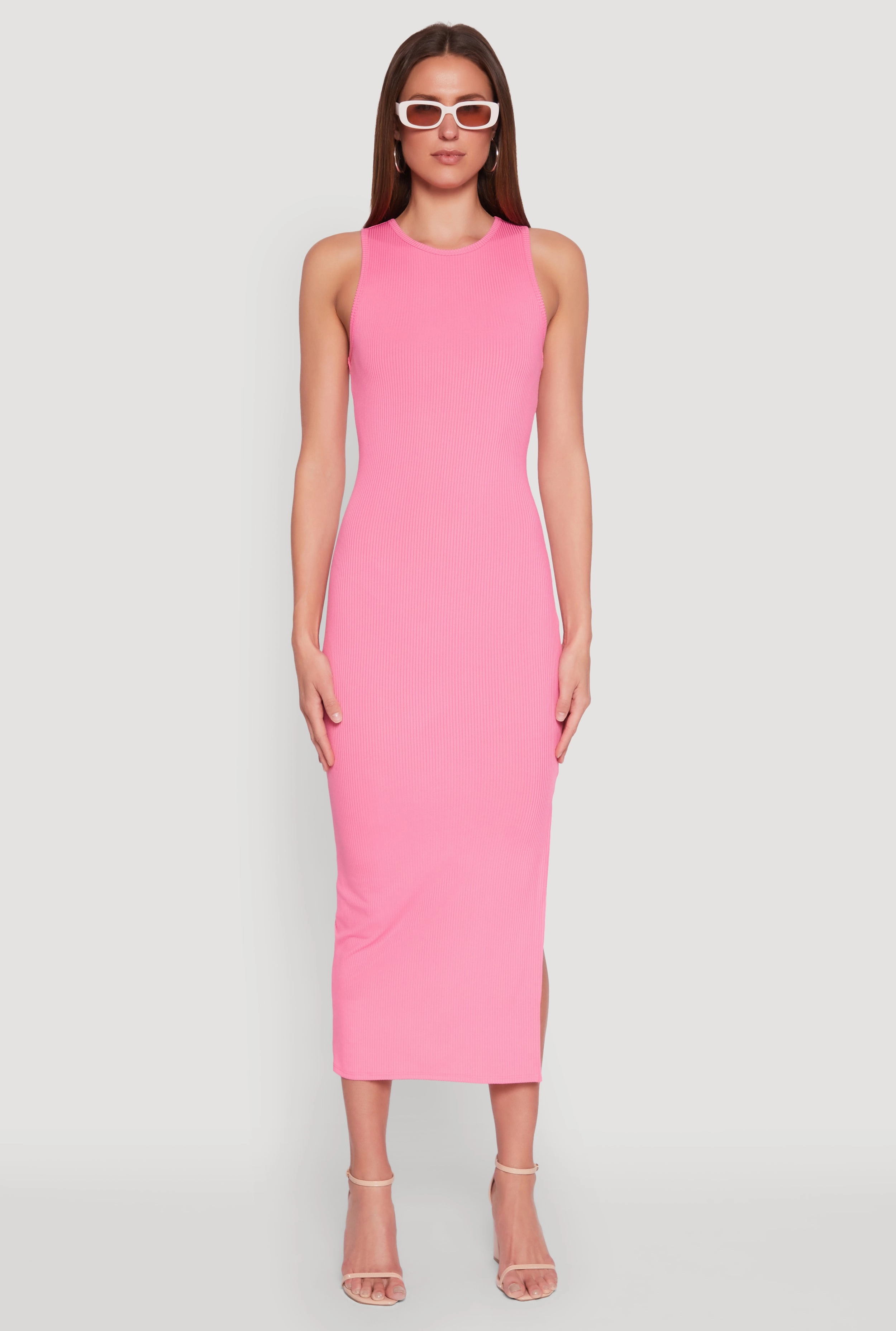 Vibrant color dress High-waisted evening piece Crew Neck Rib Knit Side Slit Maxi Dress