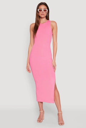 Crew Neck Rib Knit Side Slit Maxi Dress Dreamy Flow
