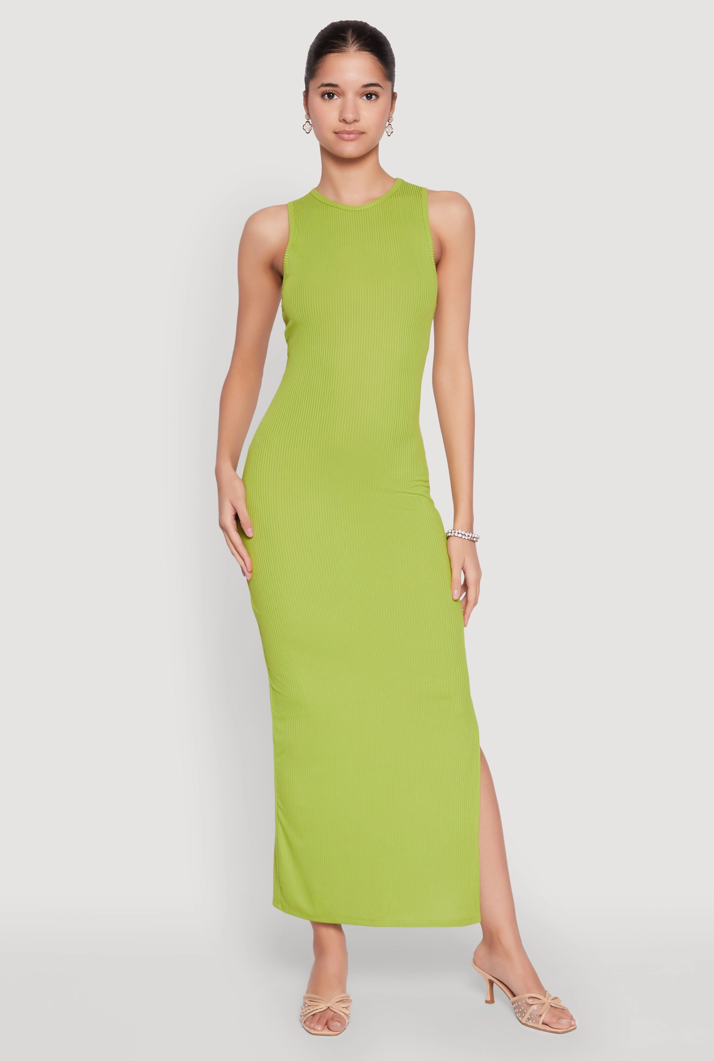 Classic Movement Crew Neck Rib Knit Side Slit Maxi Dress