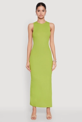 Crew Neck Rib Knit Side Slit Maxi Dress Subtle Comfort Modern Wear