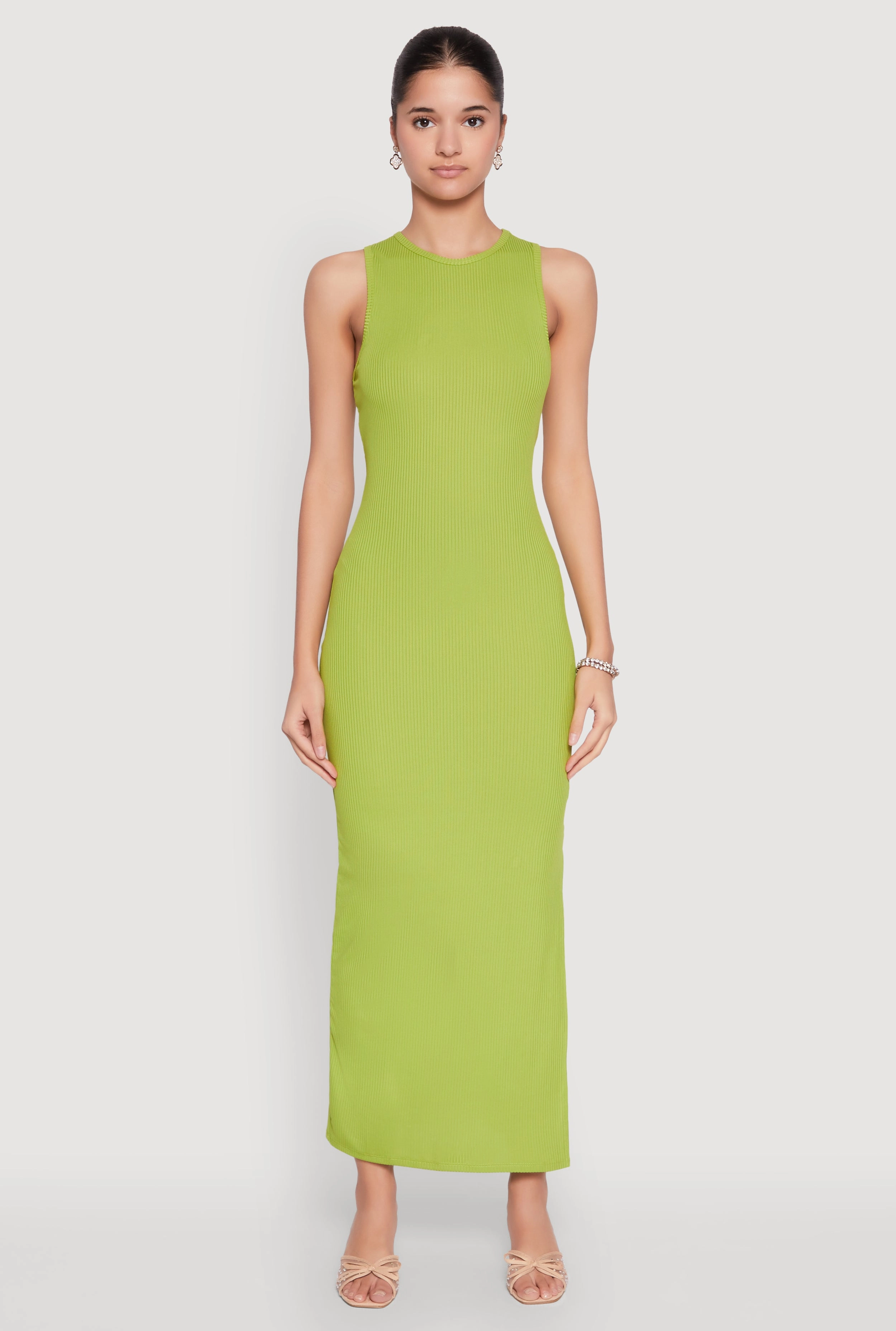 Crew Neck Rib Knit Side Slit Maxi Dress Subtle Comfort Modern Wear