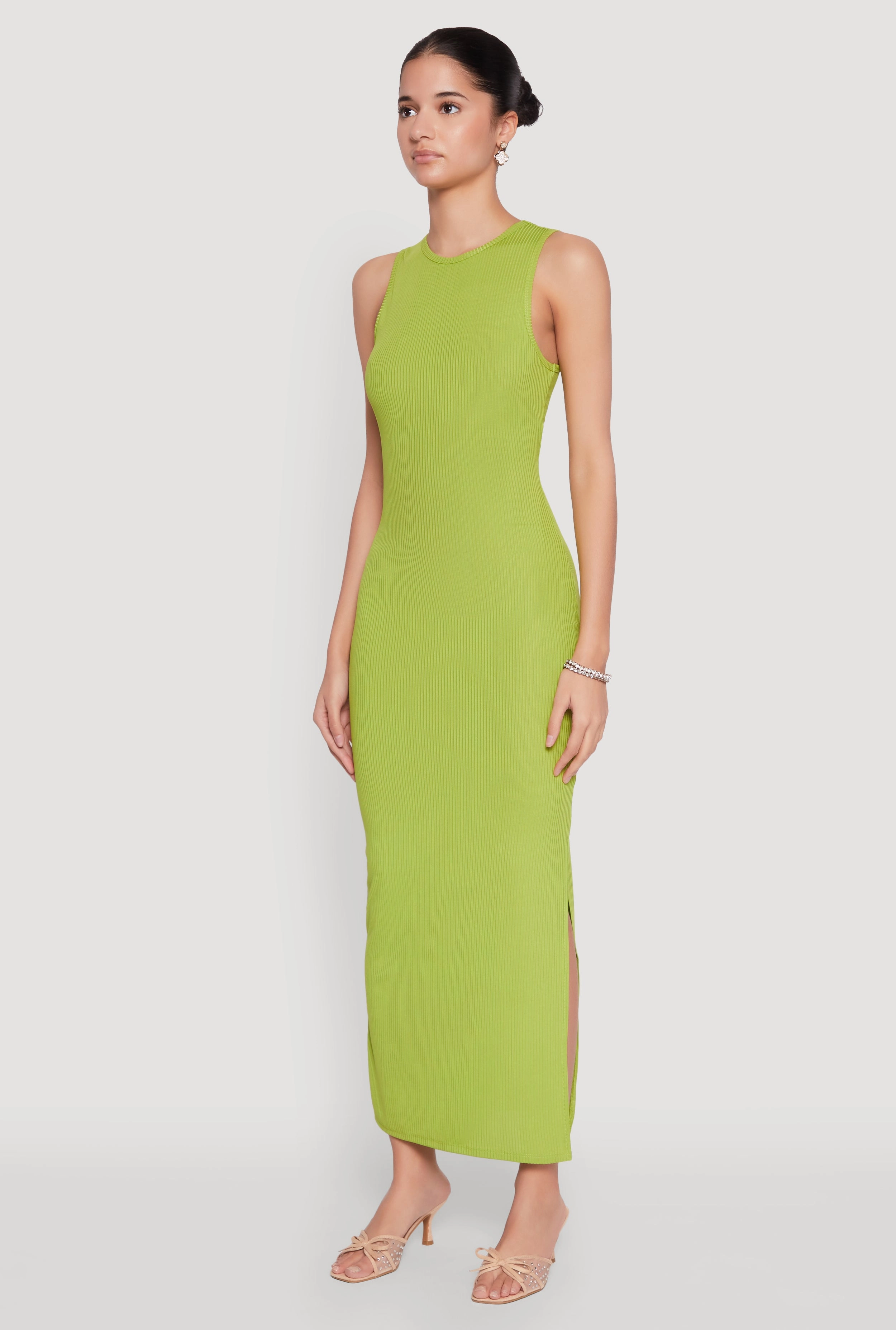 Crew Neck Rib Knit Side Slit Maxi Dress Office Shape Bright Appeal