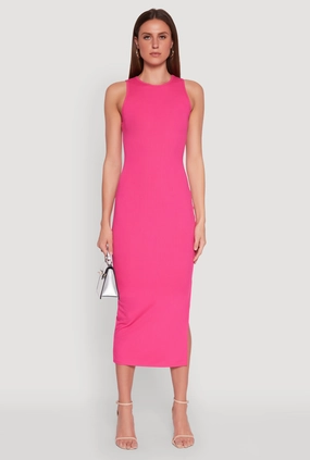 Crew Neck Rib Knit Side Slit Maxi Dress Fitted Look
