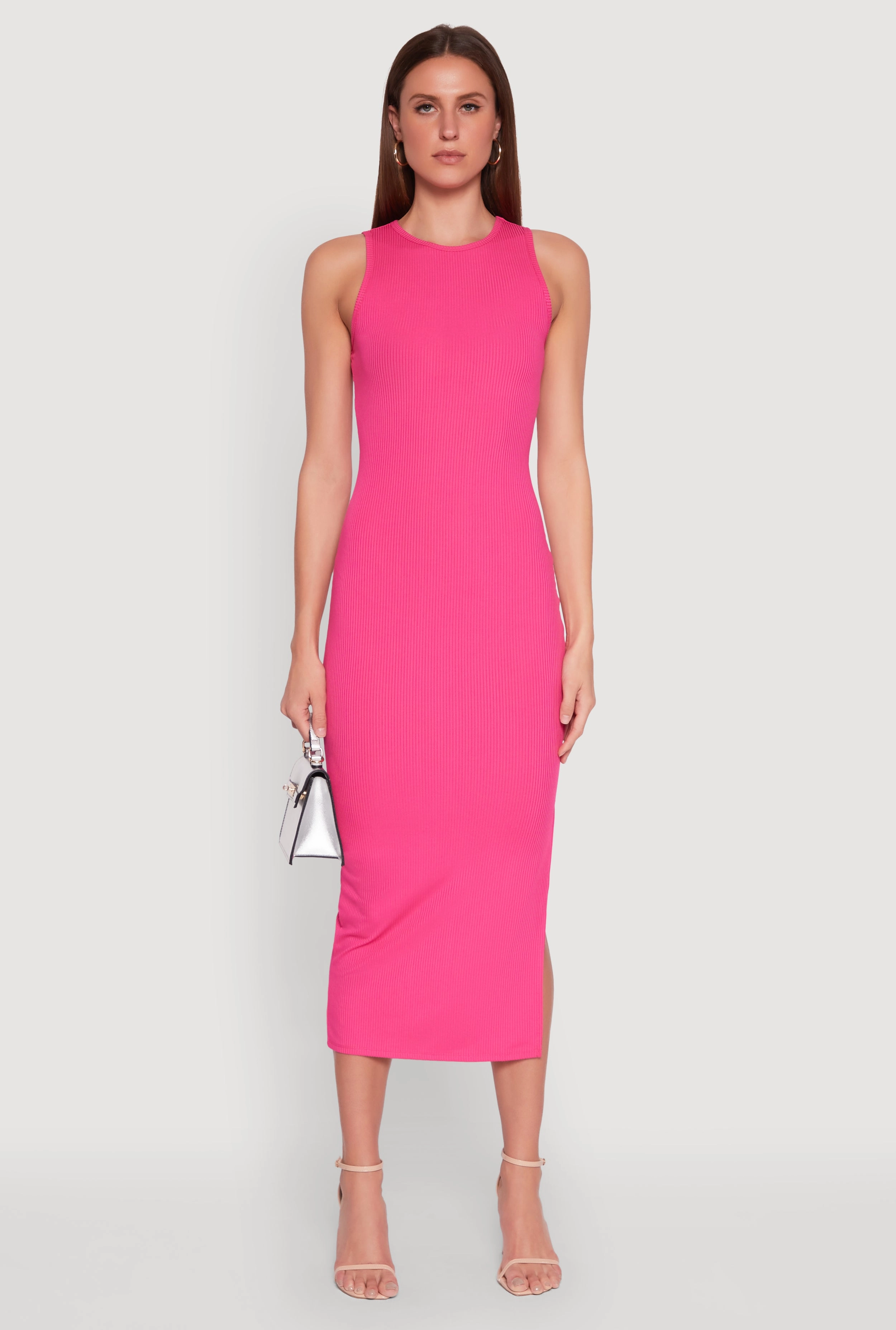Crew Neck Rib Knit Side Slit Maxi Dress Fitted Look