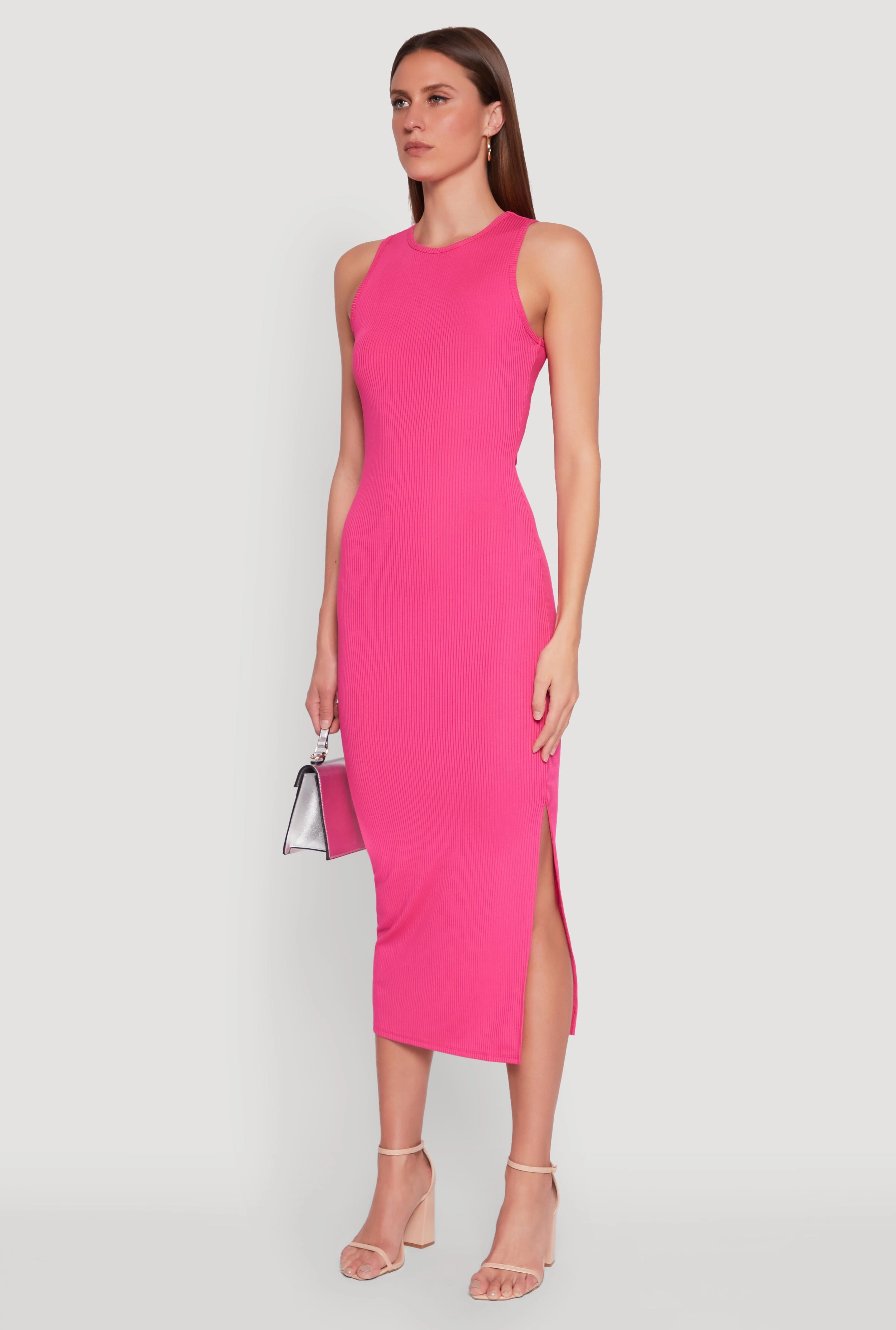 Clean Tone Trendy And Comfortable Crew Neck Rib Knit Side Slit Maxi Dress