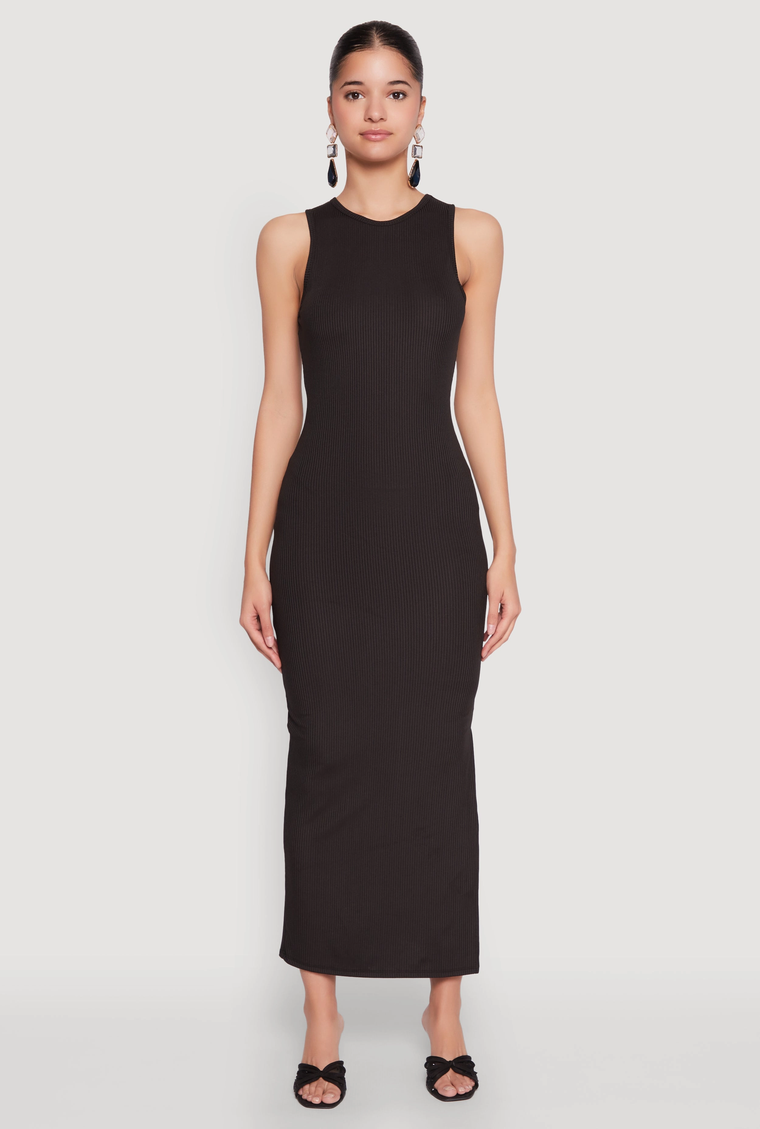 Transitional Style Simple Touch Crew Neck Rib Knit Side Slit Maxi Dress