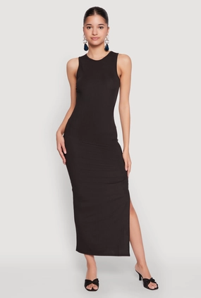 Crew Neck Rib Knit Side Slit Maxi Dress Nature Glow Soft Wear