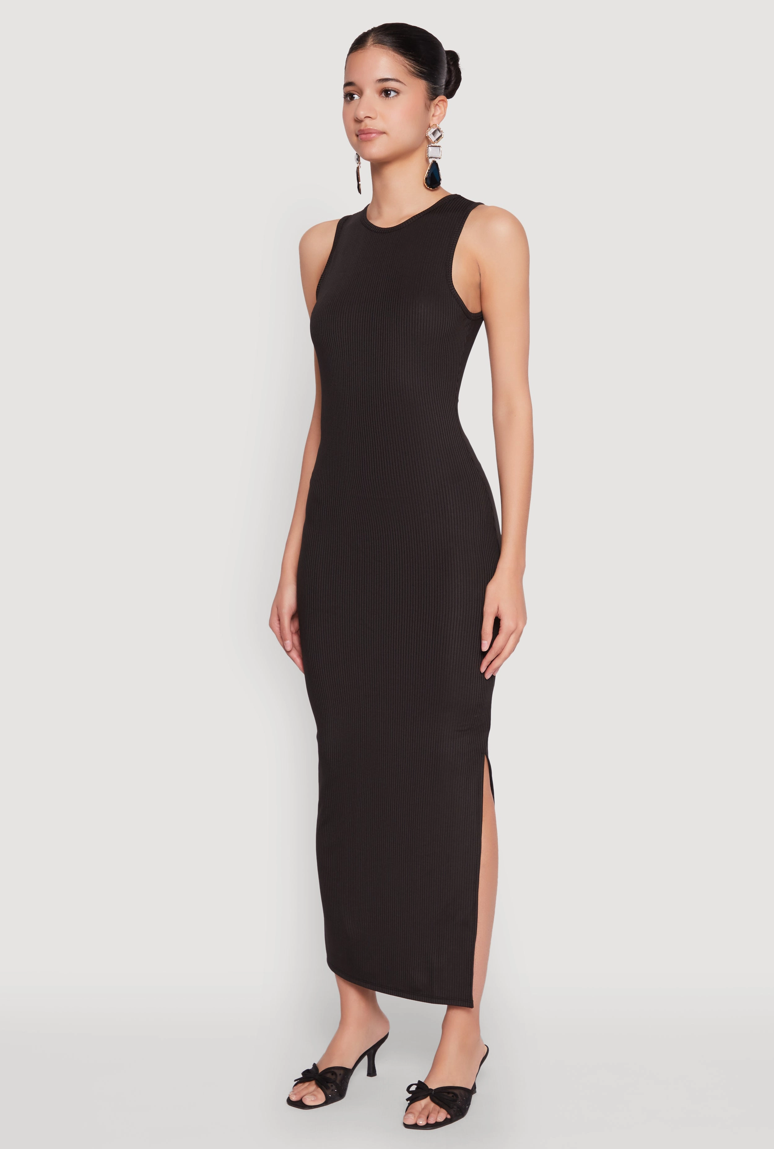 Crew Neck Rib Knit Side Slit Maxi Dress Soft cotton blend dress Youthful Feel