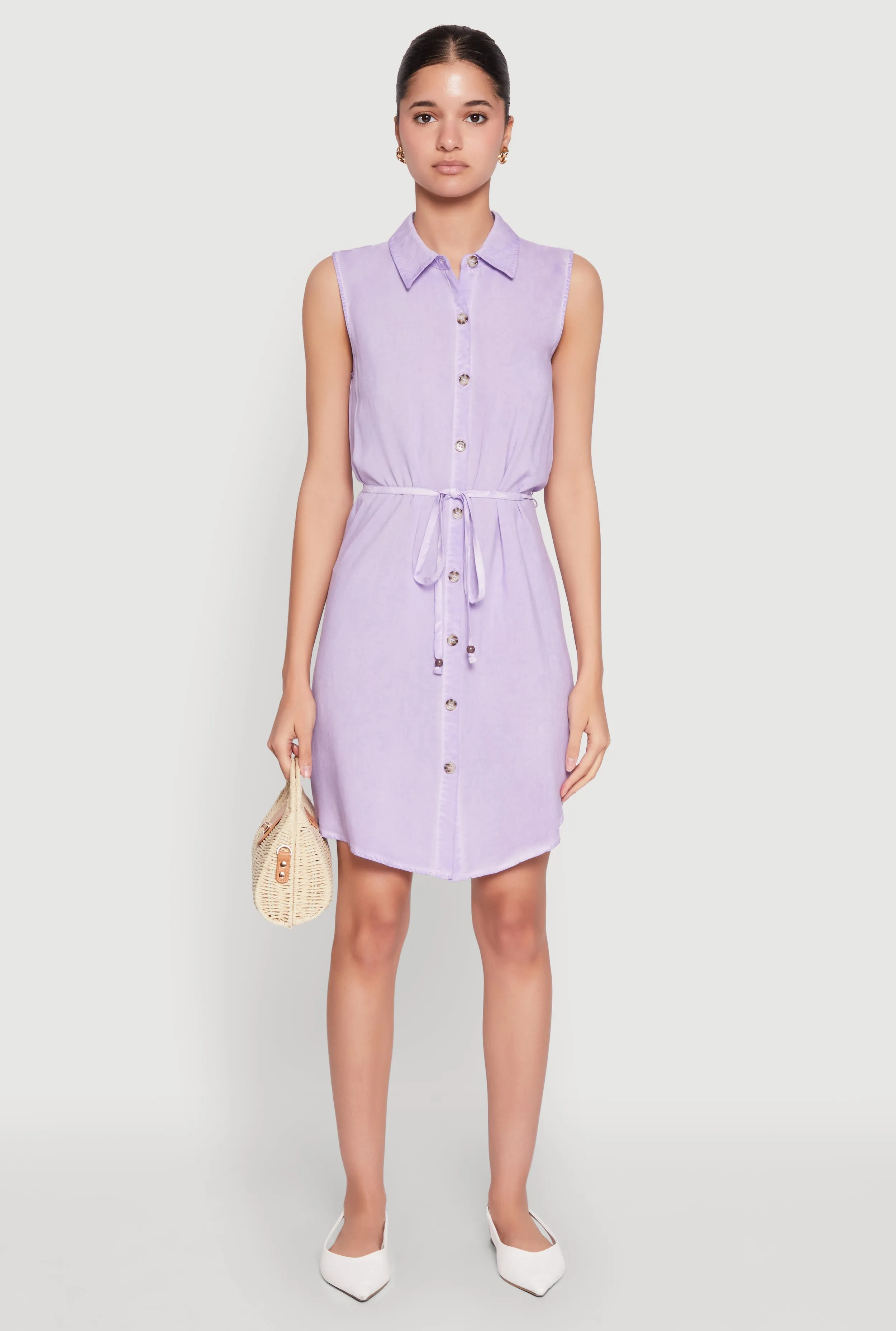 Tie Waist Belted Sleeveless Shirt Dress Comfortable Wear Stretch-Recovery
