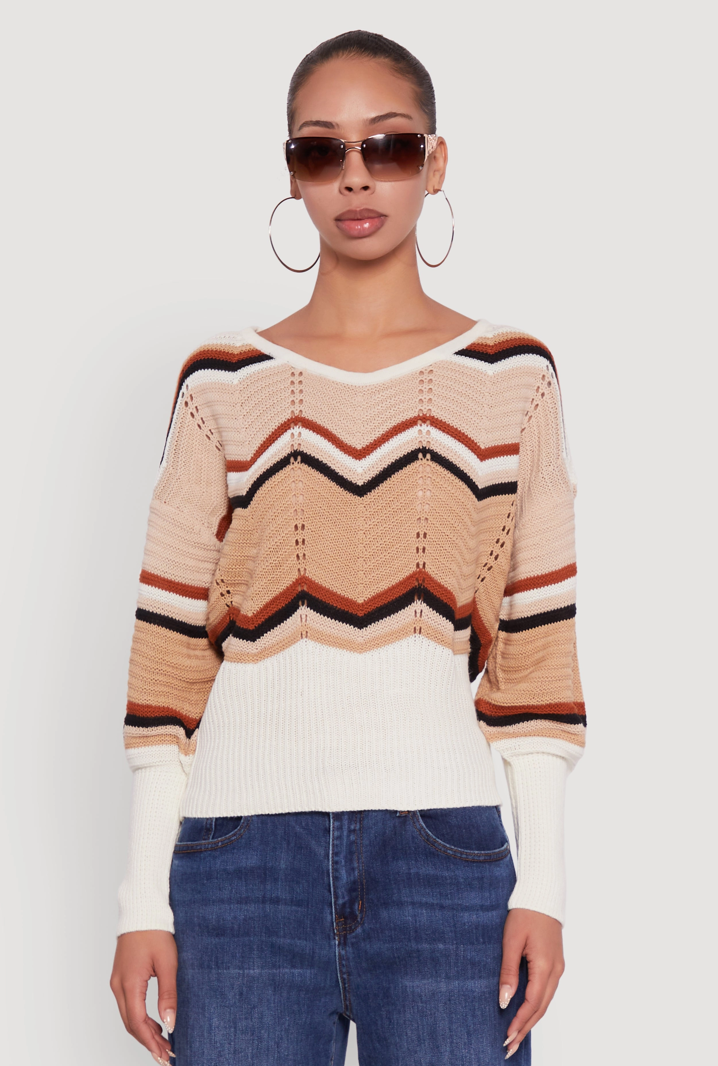 Crochet Chevron Caged Back V-Neck Sweater Stylish Everyday Wear Cashmere Blend
