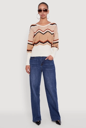 Crochet Chevron Caged Back V-Neck Sweater Cozy and Soft