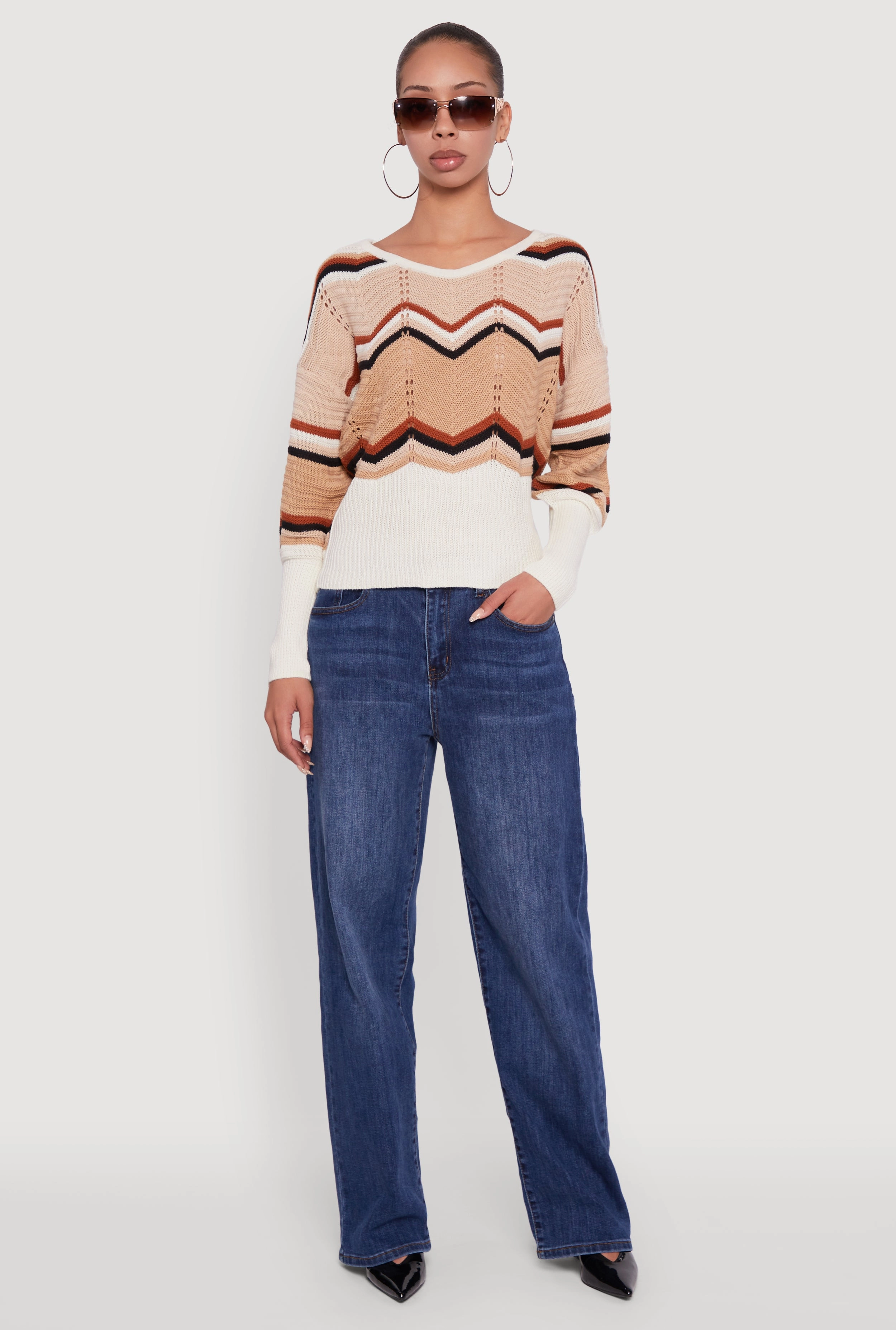 Crochet Chevron Caged Back V-Neck Sweater Cozy and Soft