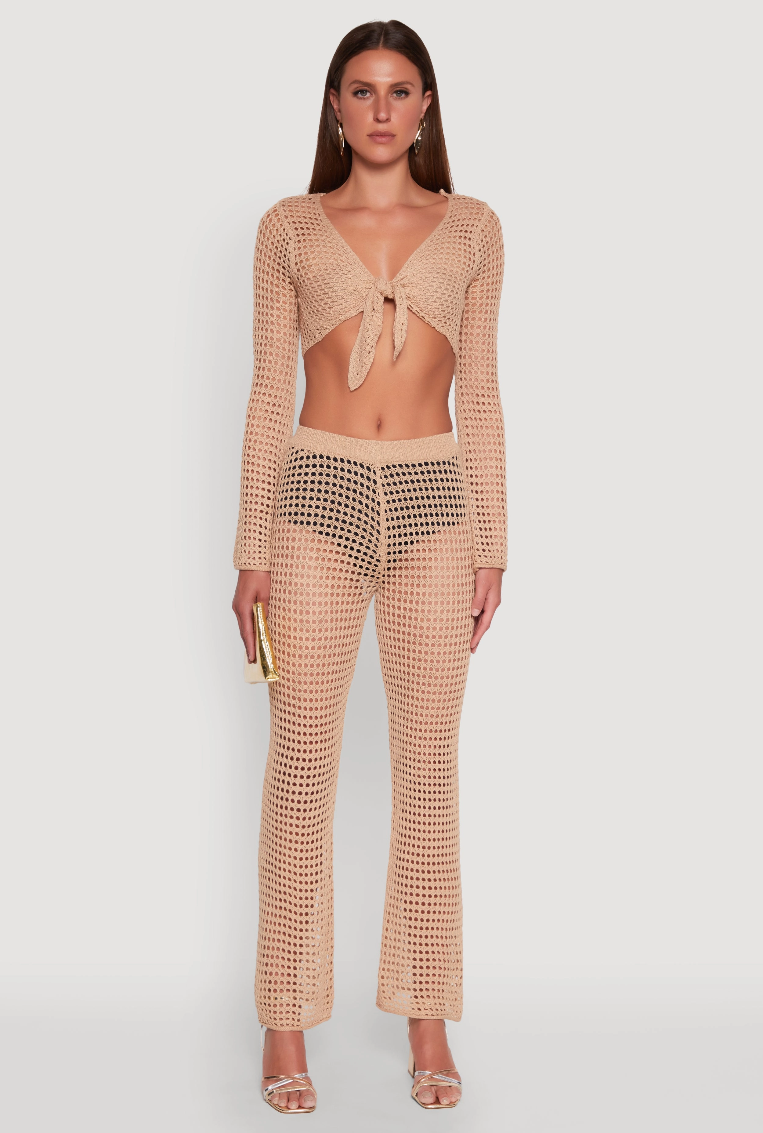 Crochet Tie Front Crop Top Animal Print Casual Elegance