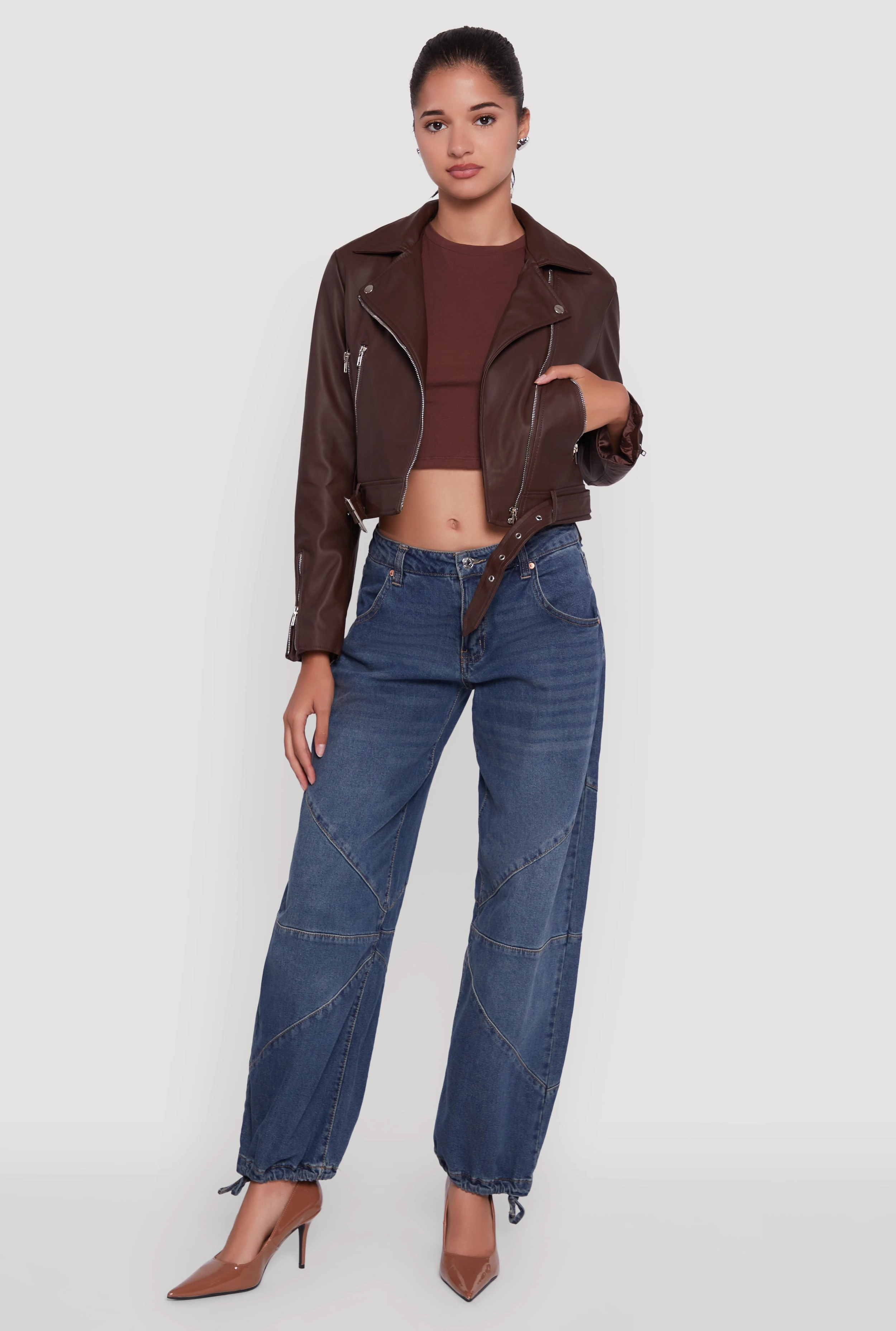 Cropped Faux Leather Belted Front Moto Jacket Single Breasted