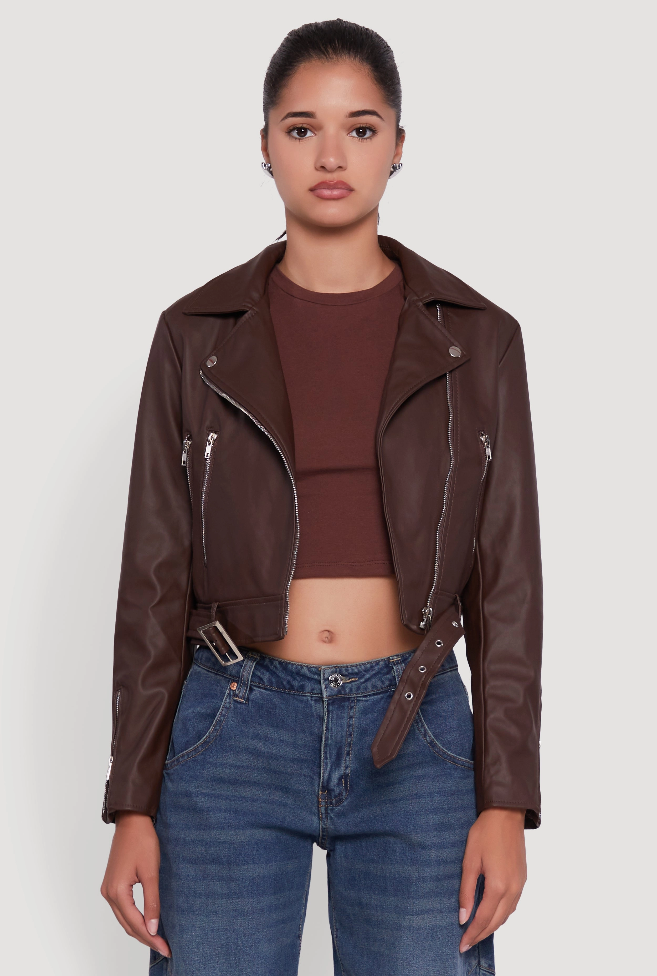 Classic Urban Wear Cropped Faux Leather Belted Front Moto Jacket