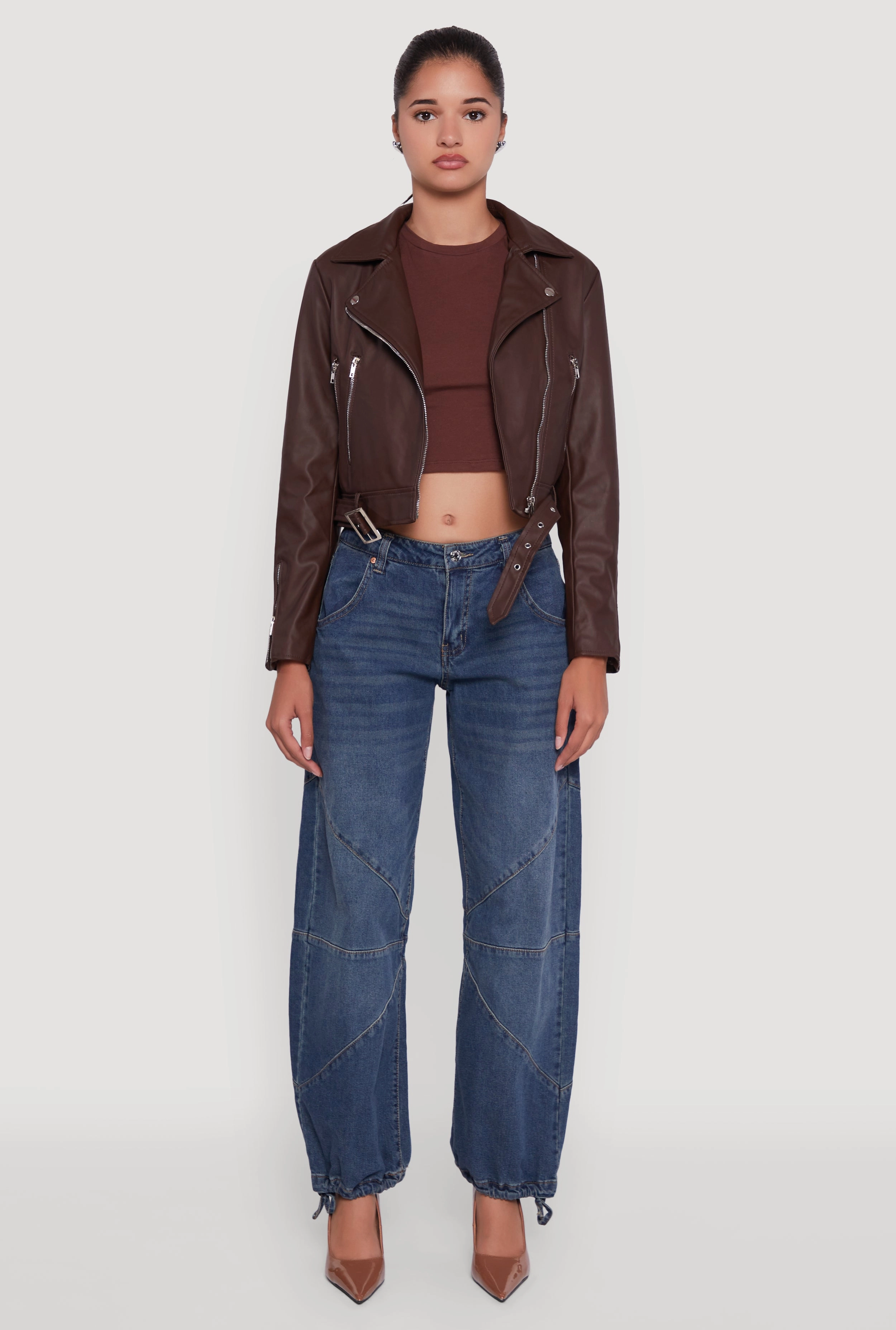 Secure Internal Pockets Stretch Fit Cropped Faux Leather Belted Front Moto Jacket
