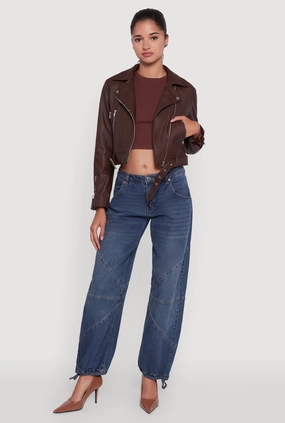 Cropped Faux Leather Belted Front Moto Jacket Single Breasted