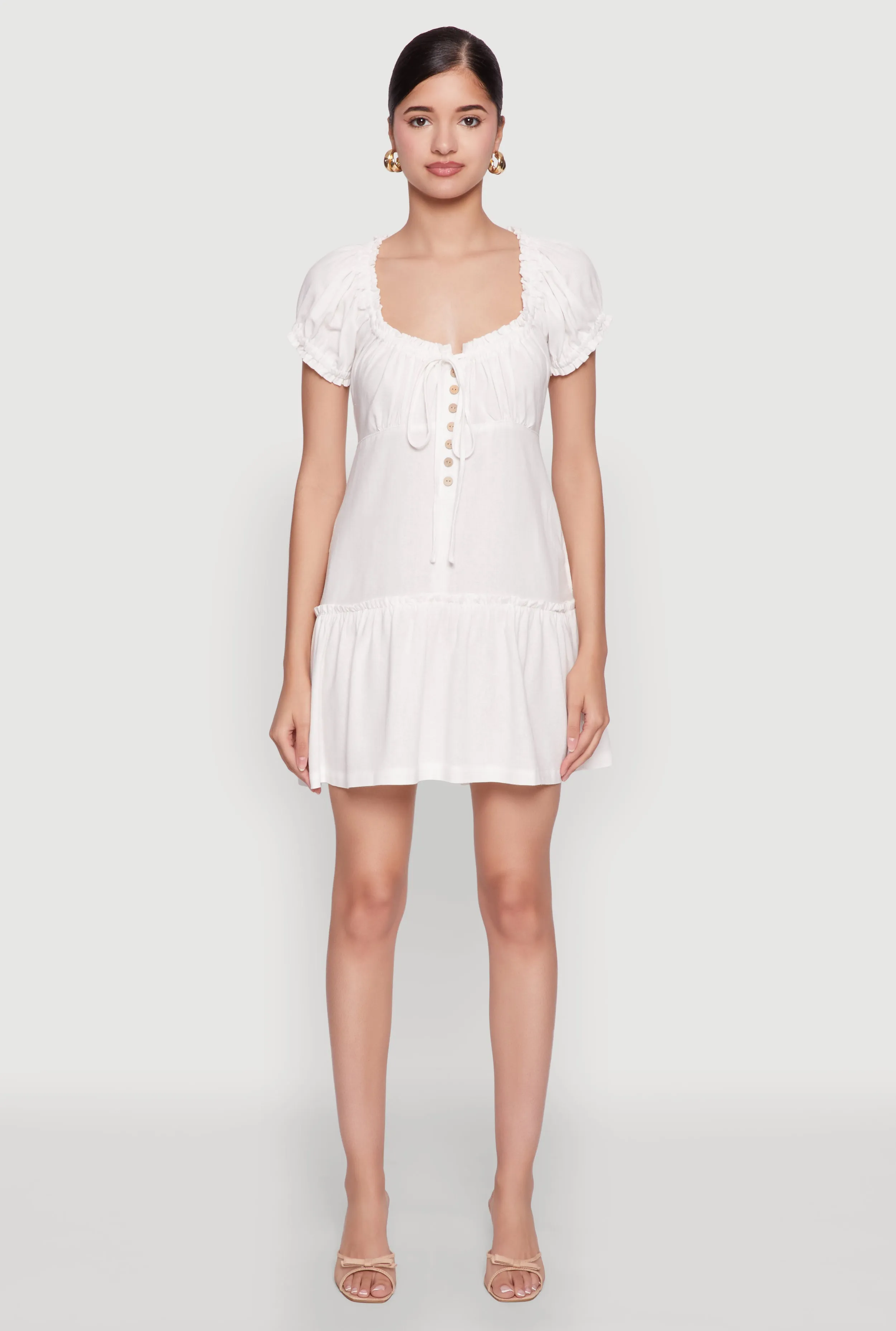 Square Neck Tie Front Mini Peasant Dress Effortless Pair Practical work-to-play piece