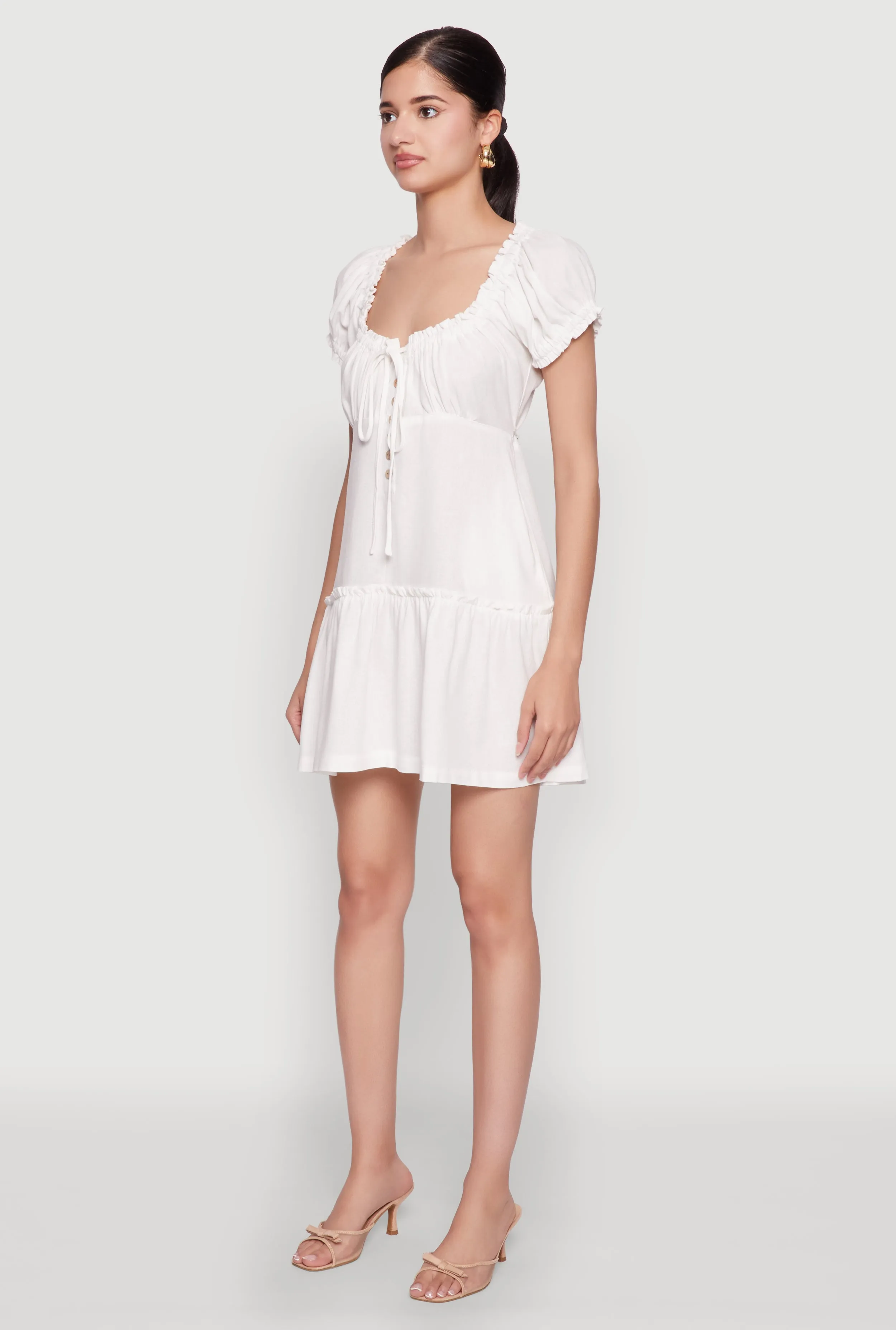 Transitional-Wear Contemporary Layer Square Neck Tie Front Mini Peasant Dress