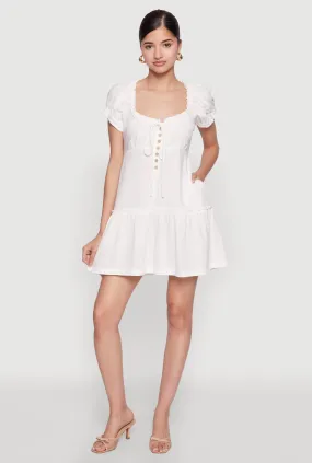 Quiet Mood Fine Details Square Neck Tie Front Mini Peasant Dress