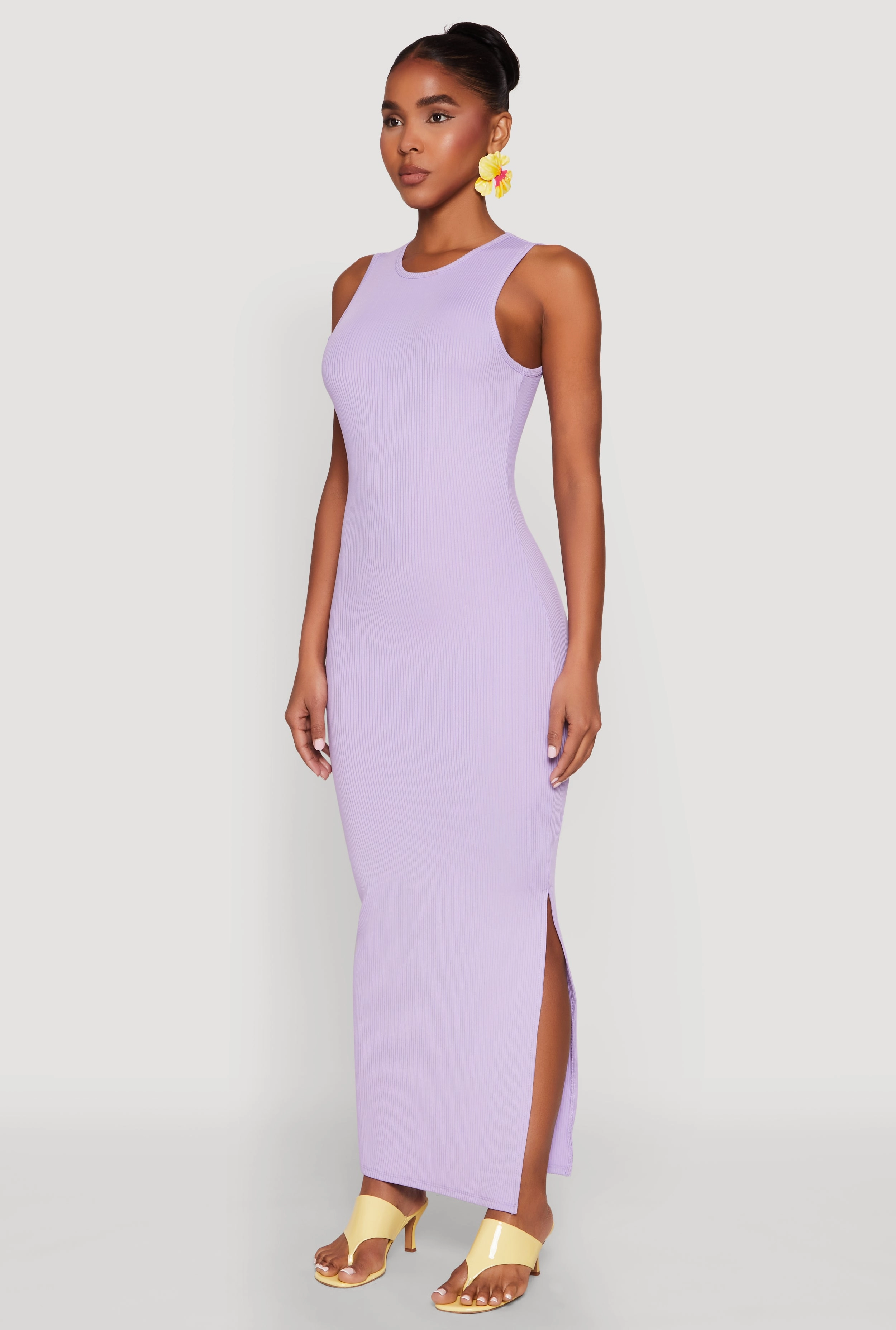 Rib Knit Side Slit Maxi Dress Peplum-Style