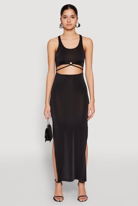 Cut Out Front Side Slit Maxi Dress Bell-Sleeve Subtle Flow