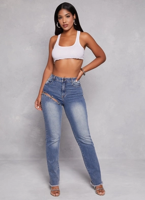 Winter Warmth Sustainable Cut Out Ring Detail Straight Leg Jeans