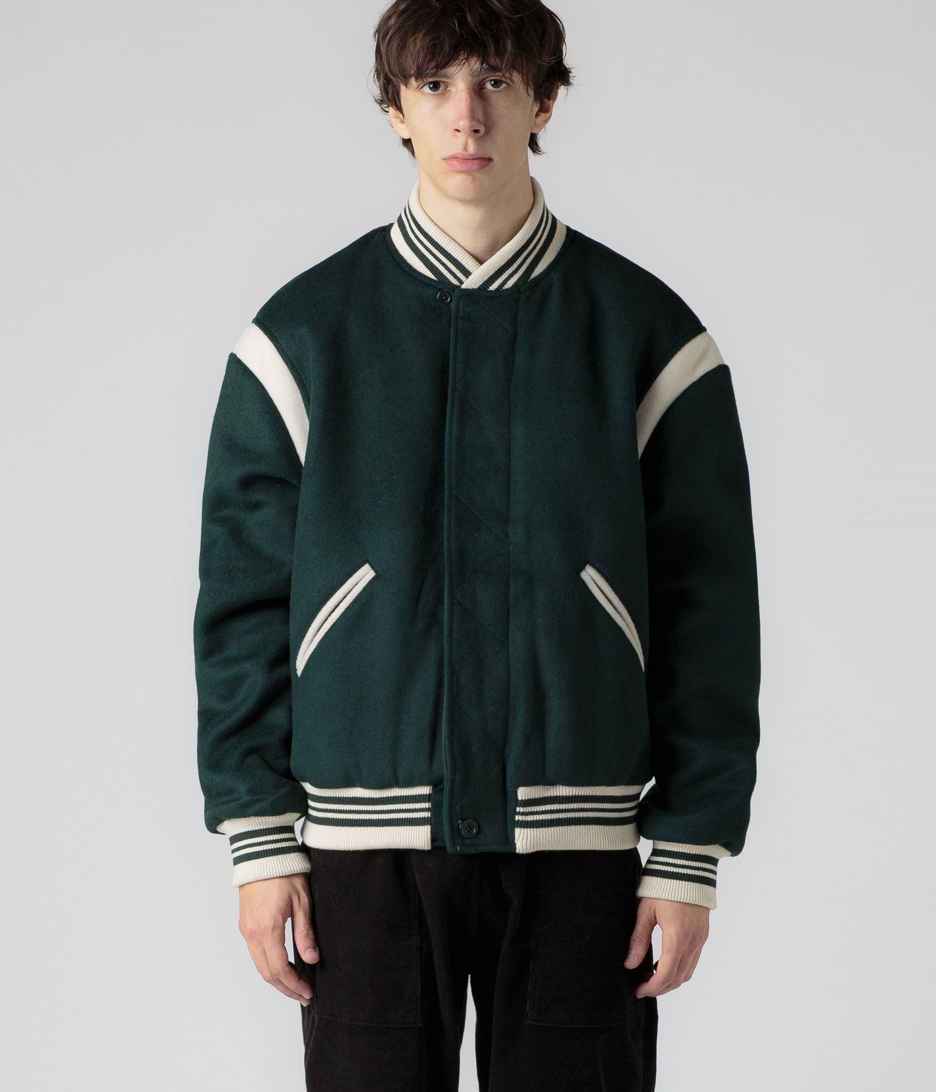 Stylish Layer Winter Outerwear Pop Trading Company x Parra Varsity Jacket - Pine Green