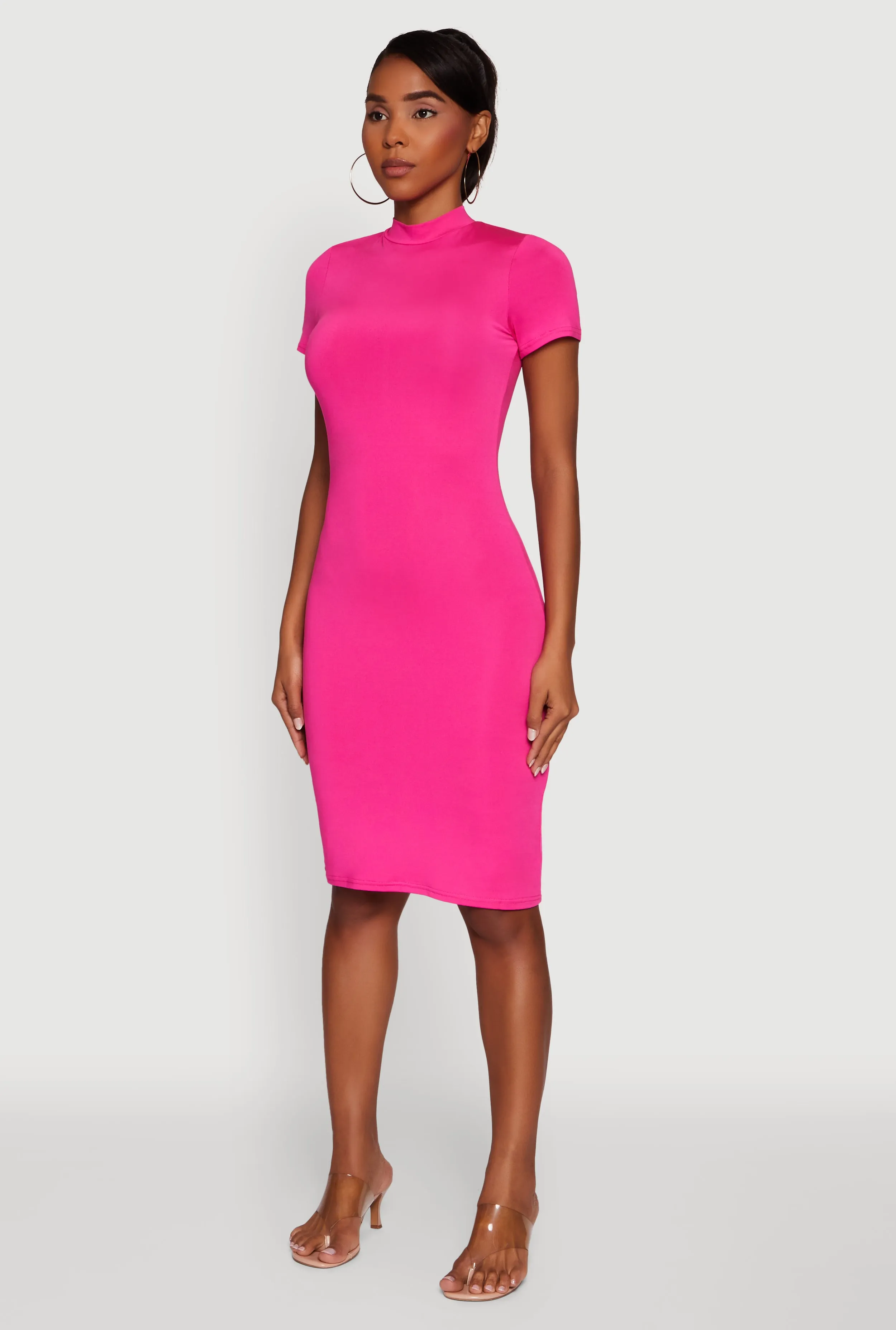 Daisy Mock Neck T Shirt Dress Frayed-Edge Satin Fabric
