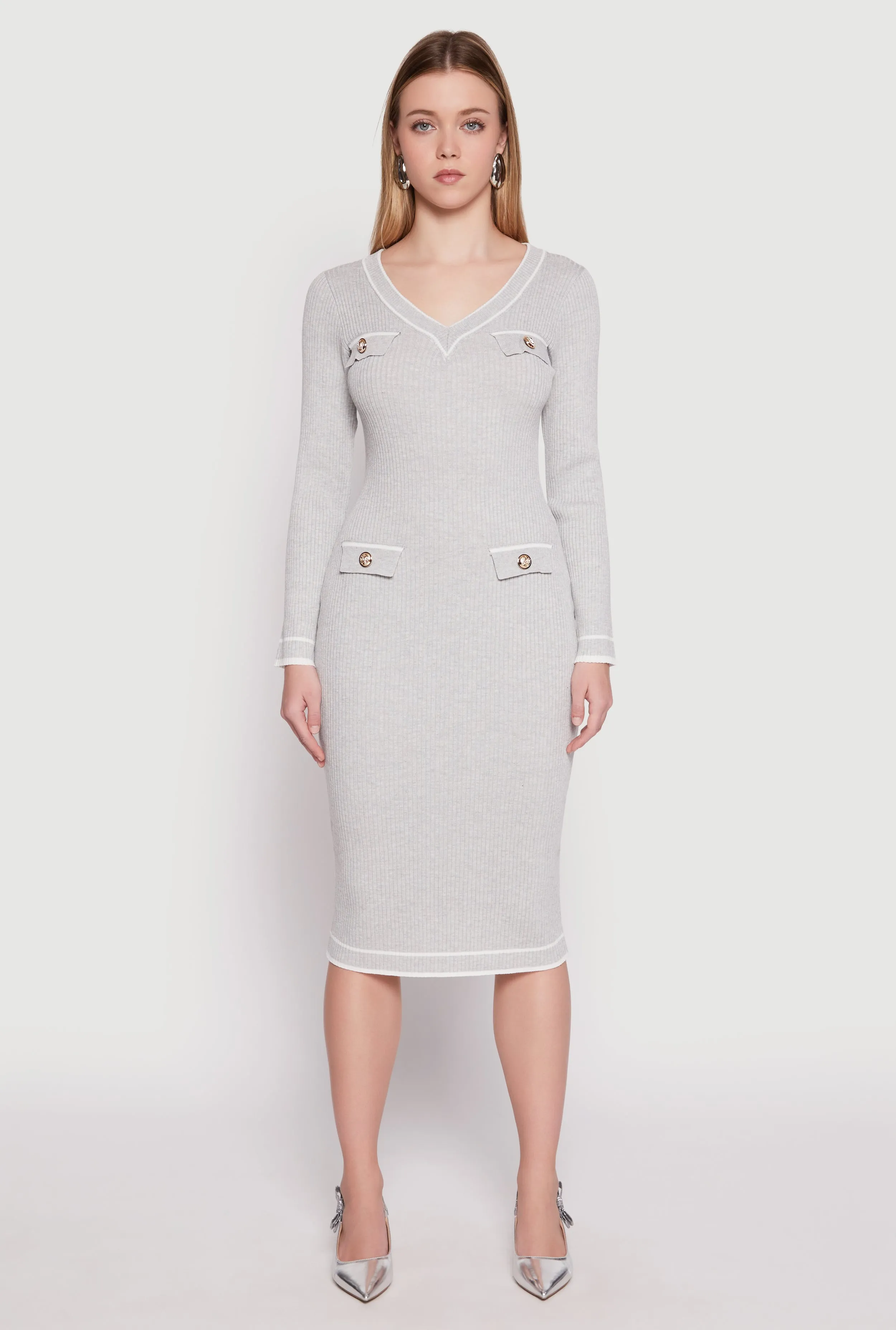 Elegant Fit Daisy Ribbed Knit Contrast Trim Sweater Dress