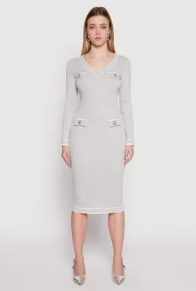 Elegant Fit Daisy Ribbed Knit Contrast Trim Sweater Dress