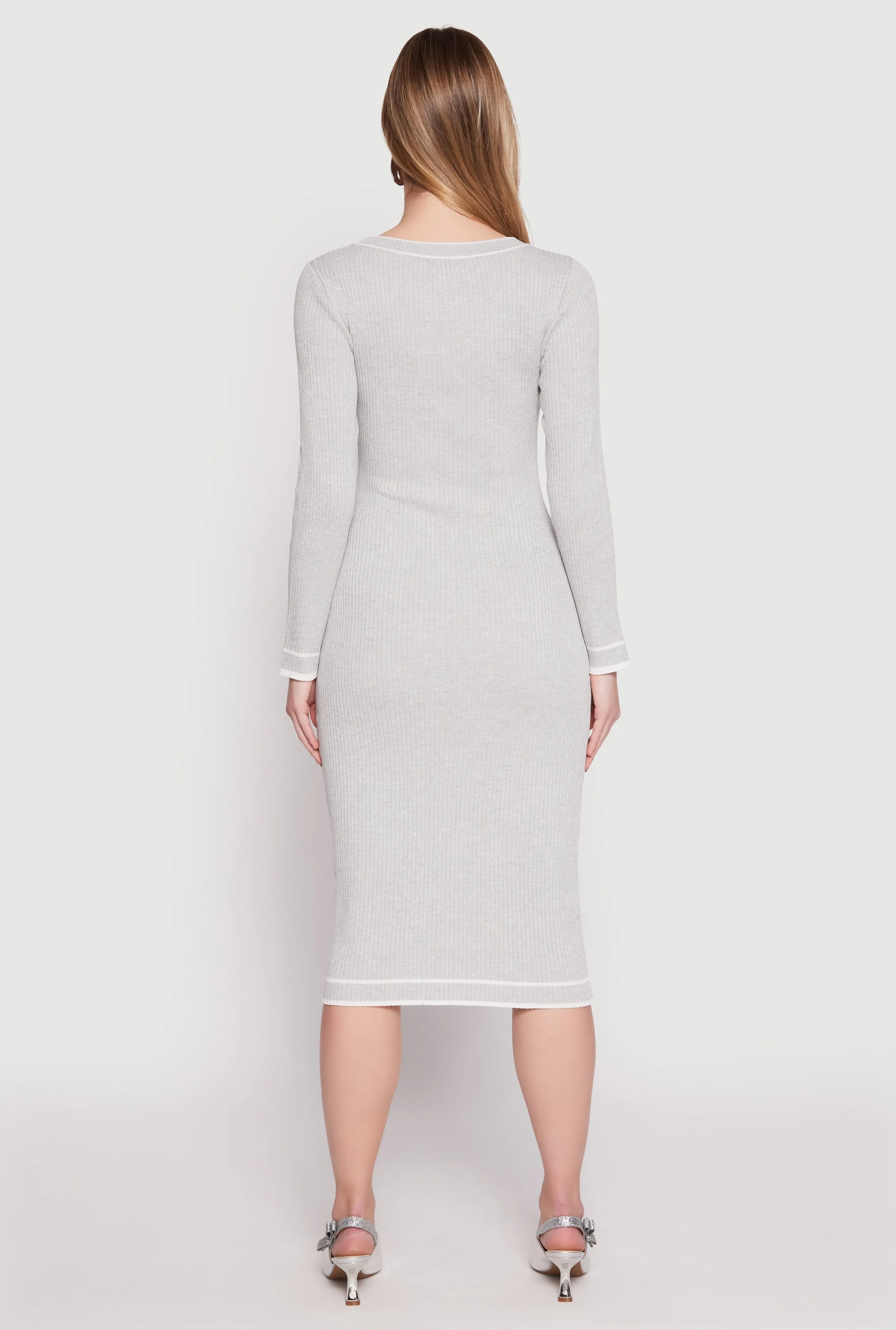 Calm Mood Daisy Ribbed Knit Contrast Trim Sweater Dress