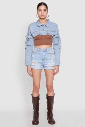 Daisy Cargo Pocket Sleeve Bolero Jean Jacket Bomber Cut All Season
