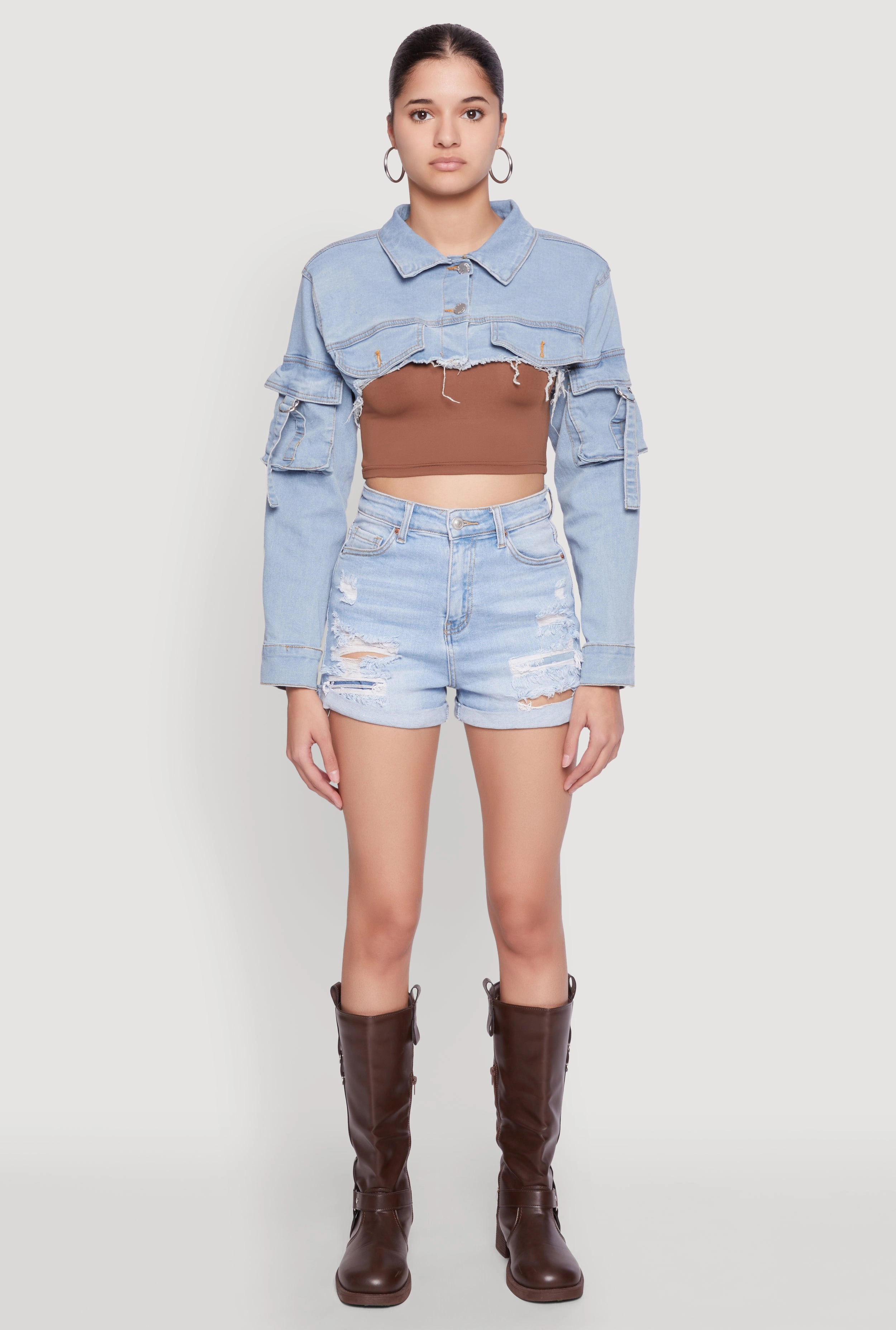 Daisy Cargo Pocket Sleeve Bolero Jean Jacket Bomber Cut All Season