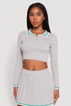 Daisy Contrast Trim Cropped Long Sleeve Polo Shirt Summer - wear Specialty Item