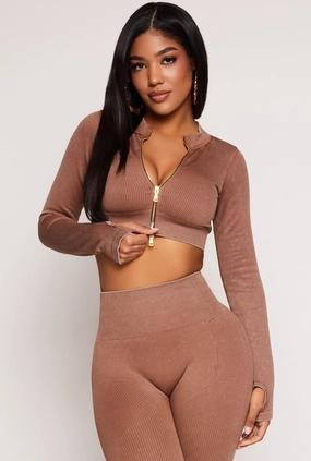 Moisture Control Fibers Daisy Ribbed Knit Cropped Track Jacket