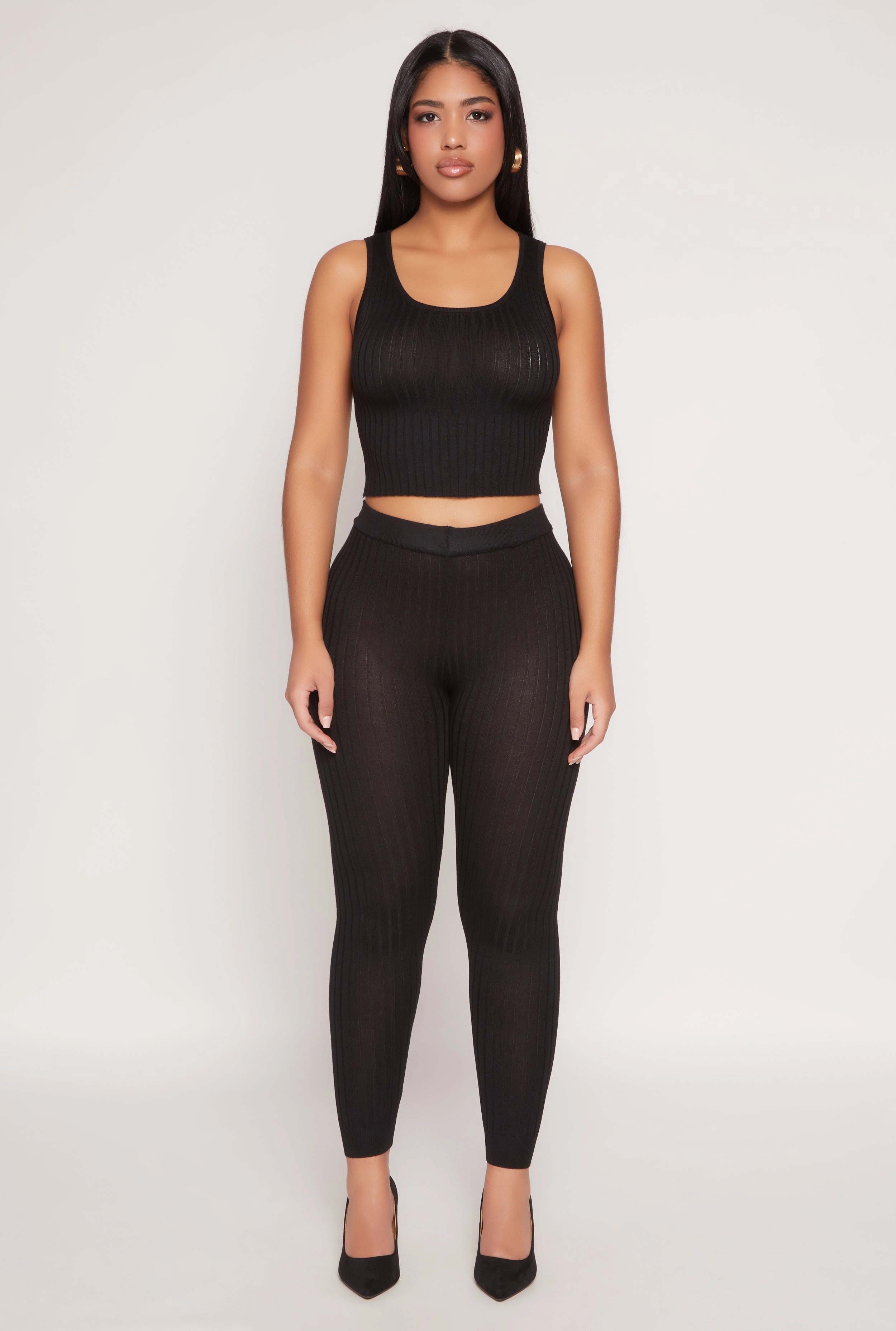 Petite Size Daily Routine Daisy Ribbed Knit High Waisted Leggings