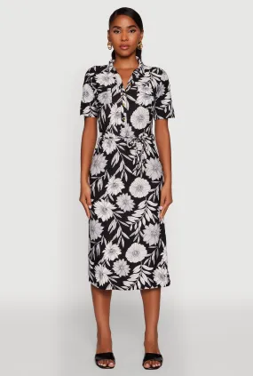 Gender Fluid Floral Half Button Front Shirt Dress with Tie Waist Belt