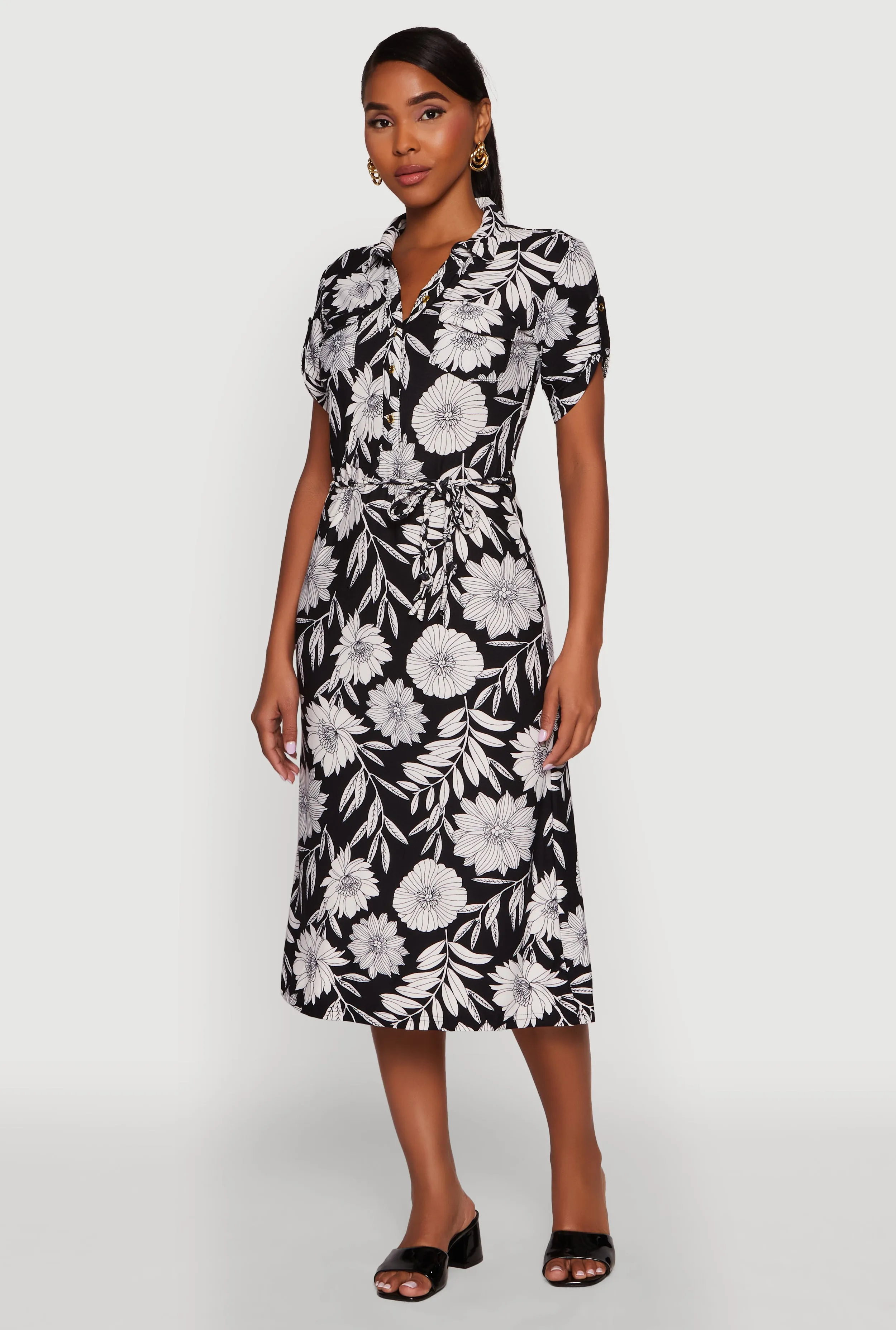 Floral Half Button Front Shirt Dress with Tie Waist Belt Work Option Travel Wear