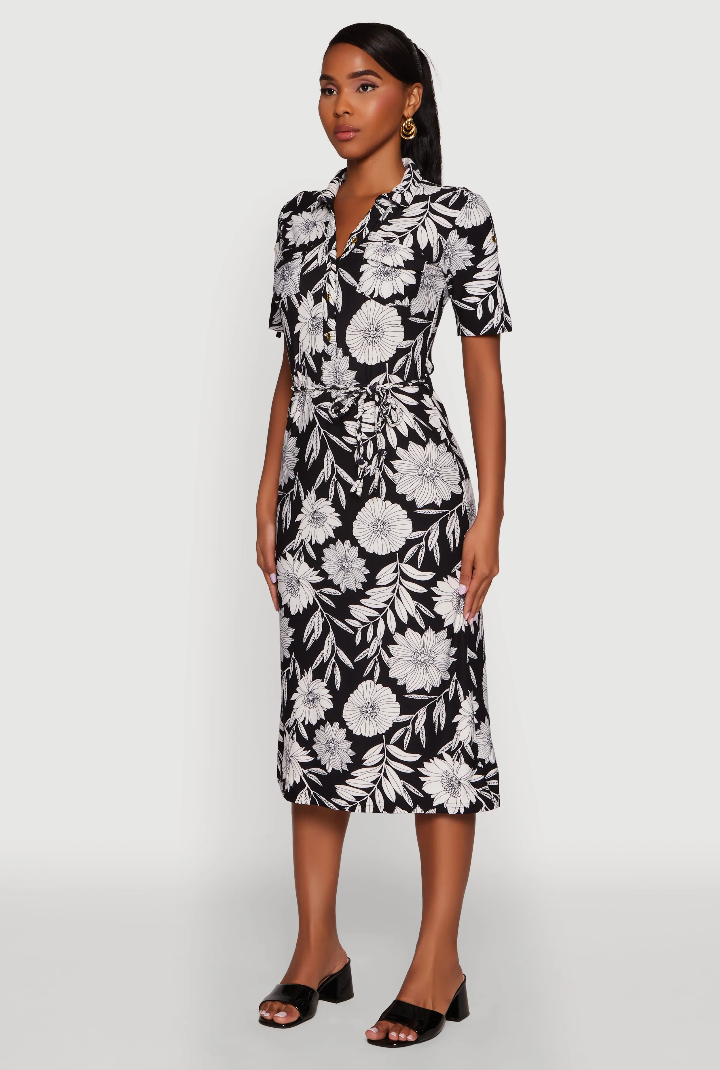 Floral Half Button Front Shirt Dress with Tie Waist Belt Smooth Vibes