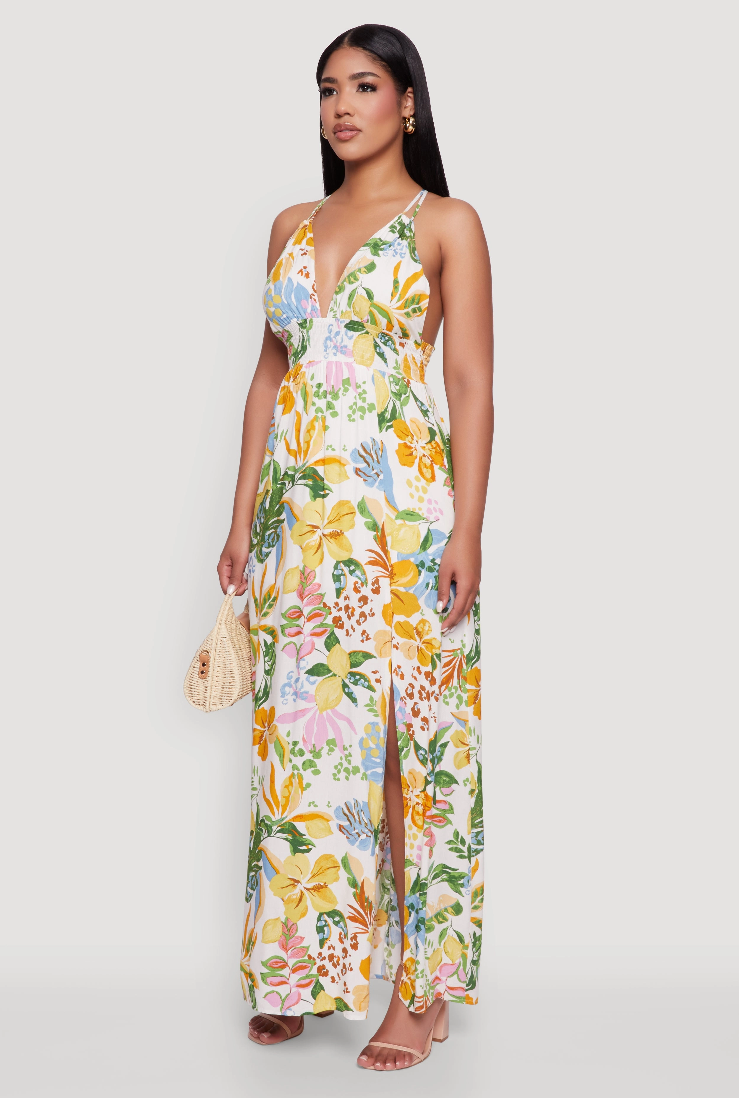 Chic Floral Sleeveless Sundress with Side Slit and Caged Back Lightweight warm-weather dress Printed-Fabric