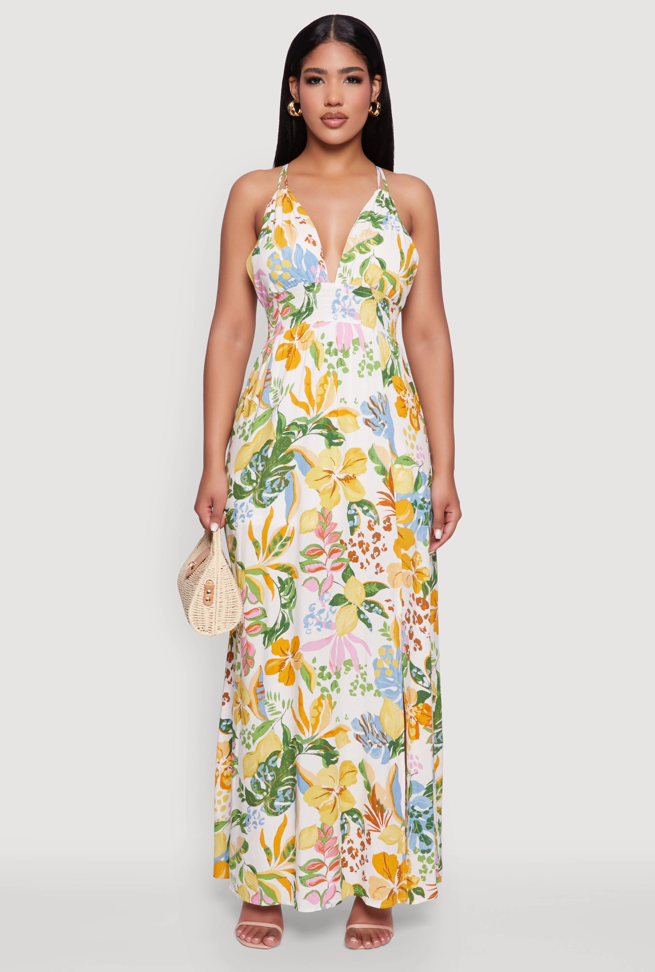 Thermal-Lined Comfy and Chic Chic Floral Sleeveless Sundress with Side Slit and Caged Back