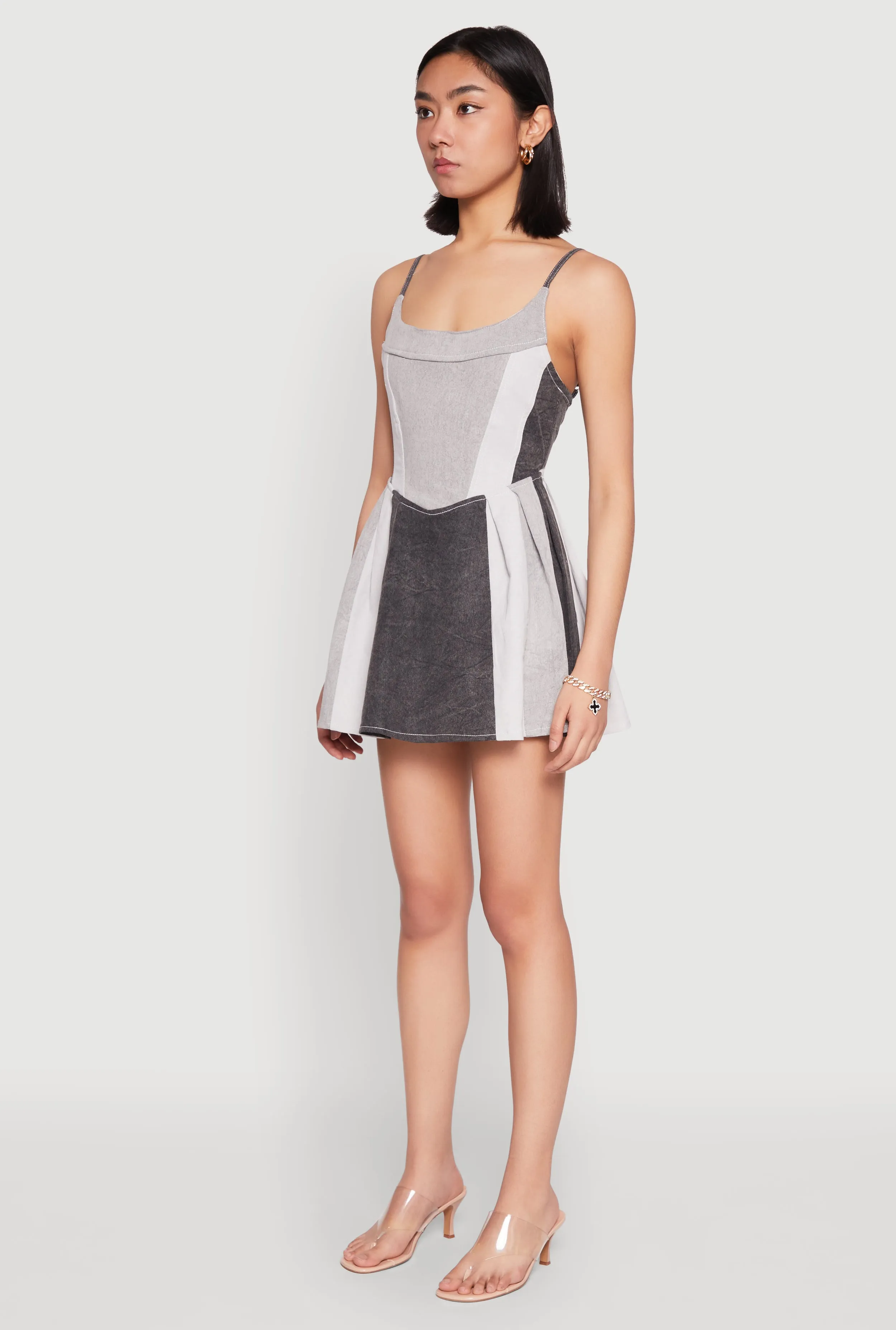Vibrant Design Denim Color Block Skater Dress