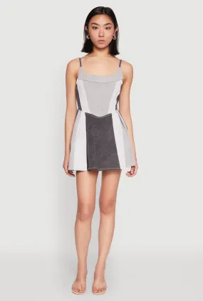 Denim Color Block Skater Dress velvet feel