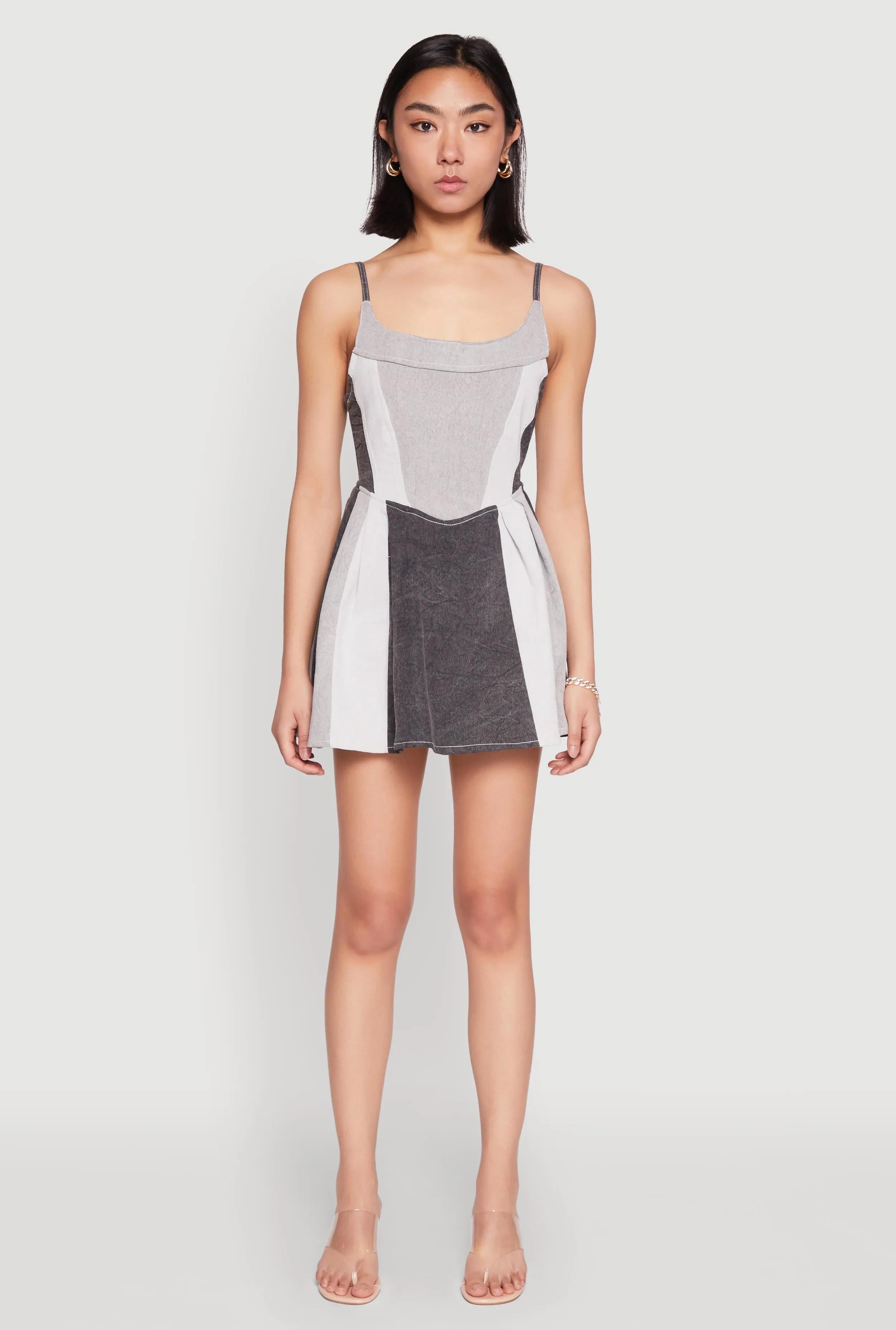 WaterRepellentCoating Denim Color Block Skater Dress